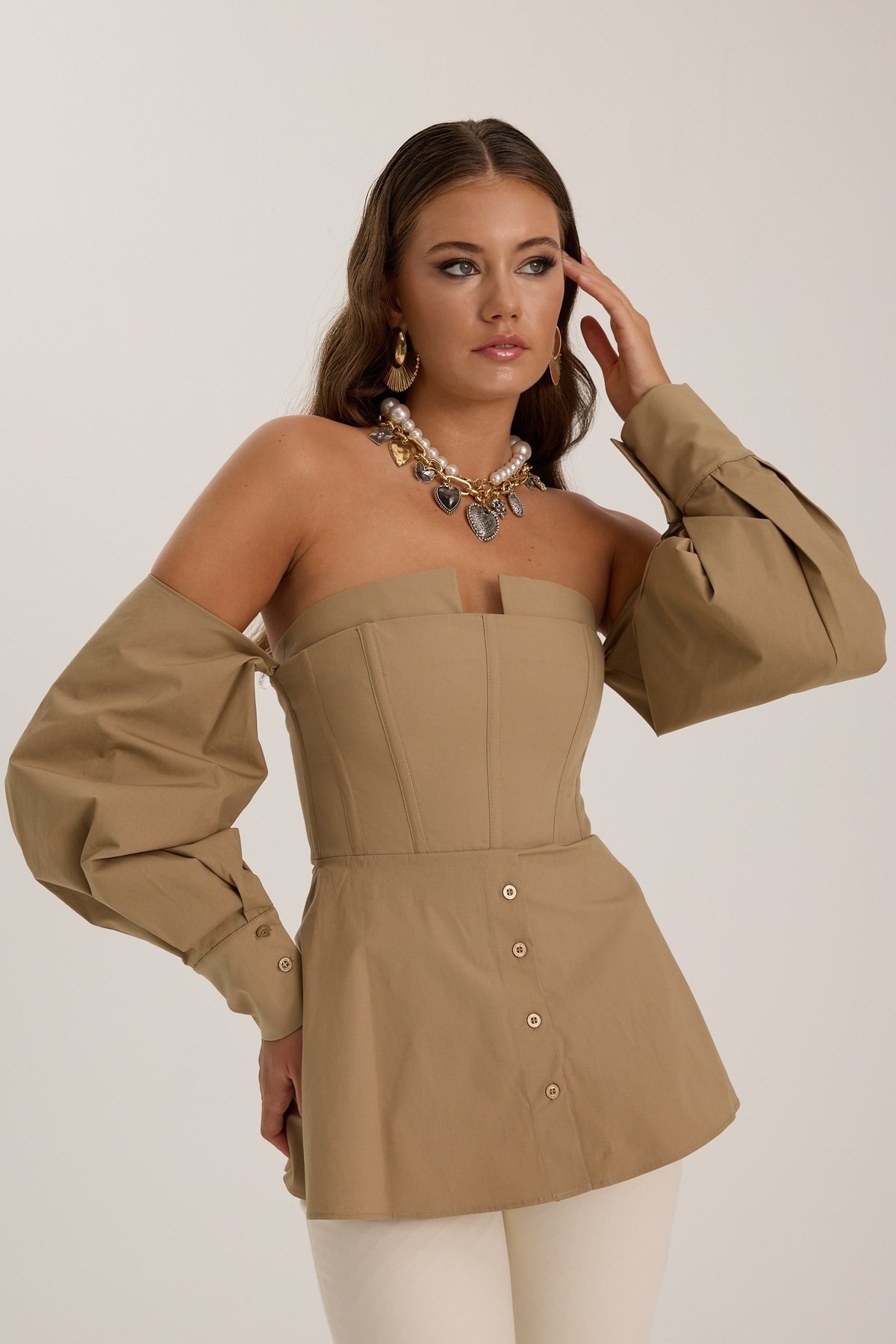 Dusk Volume %100 Cotton Corset Shirt Top Bronze Brown
