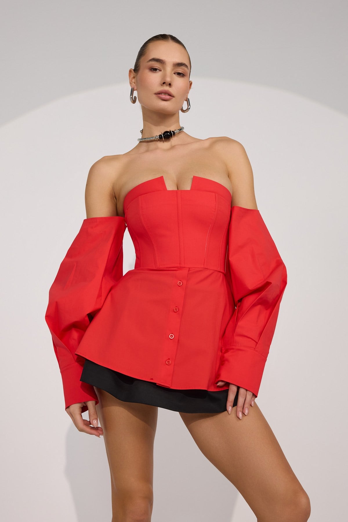 Dusk Volume 100% Cotton Corset Shirt Top Red