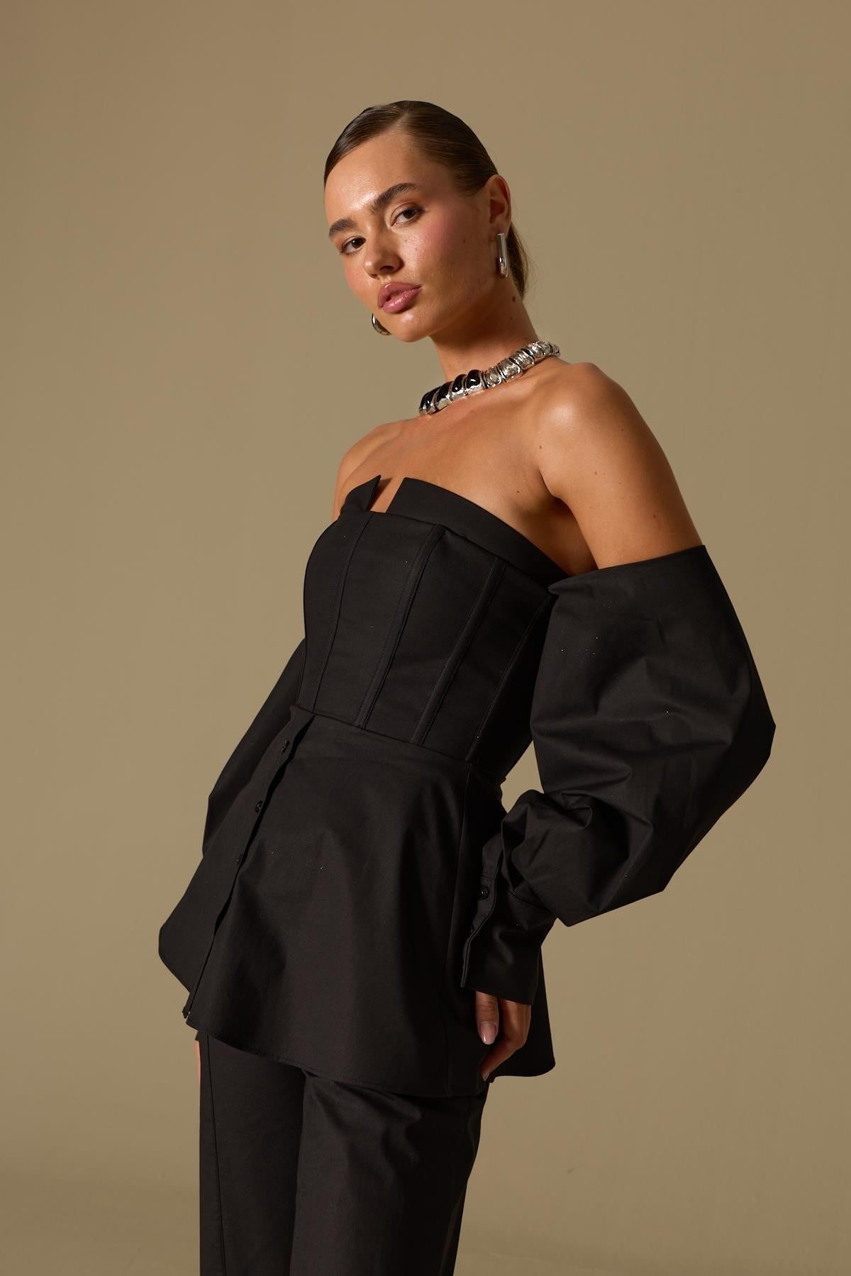 Dusk Volume 100% Cotton Corset Shirt Top Black