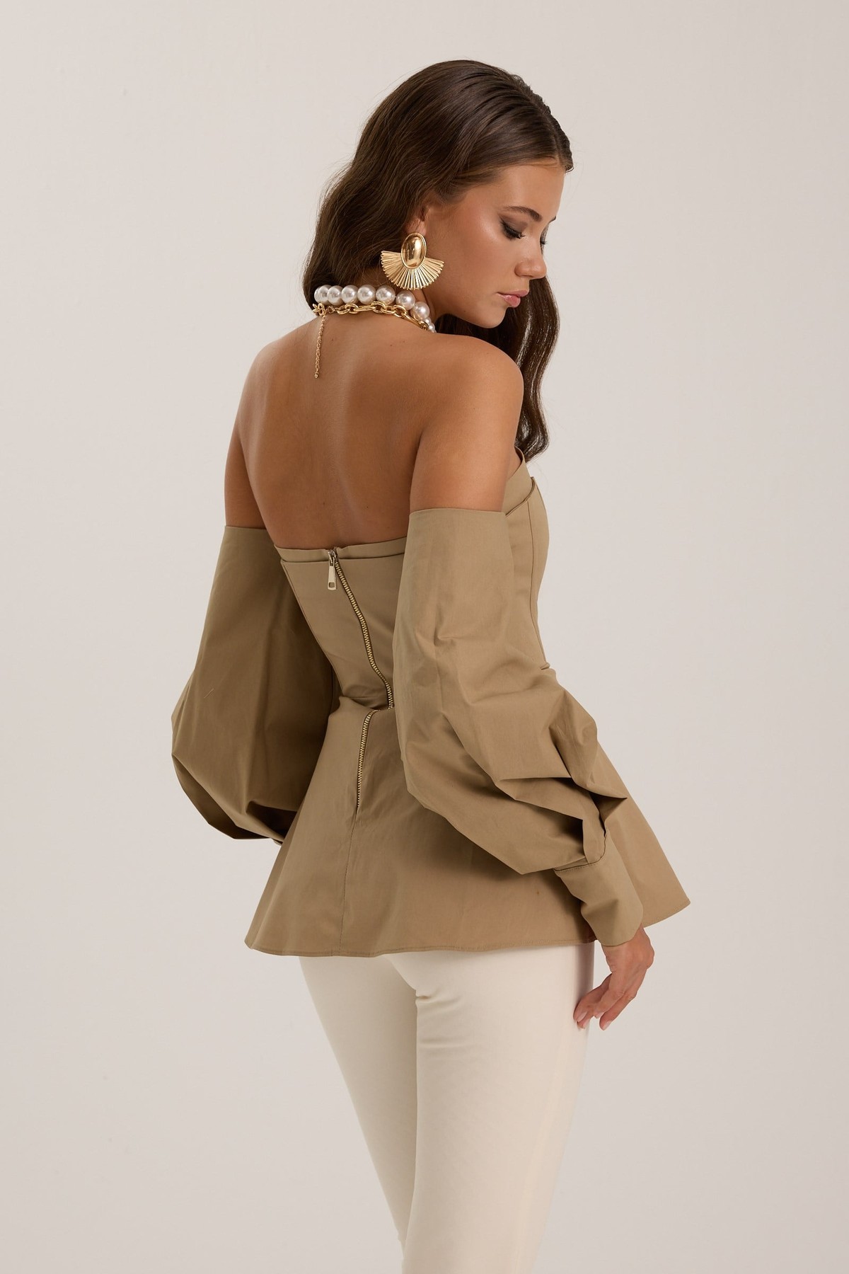 Dusk Volume %100 Cotton Corset Shirt Top Bronze Brown