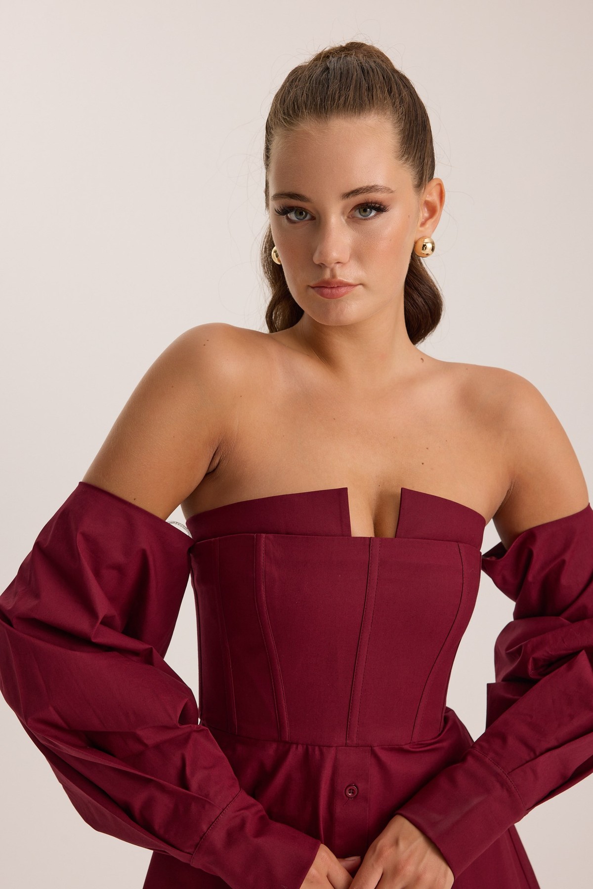 Dusk Volume %100 Cotton Corset Shirt Top Burgundy
