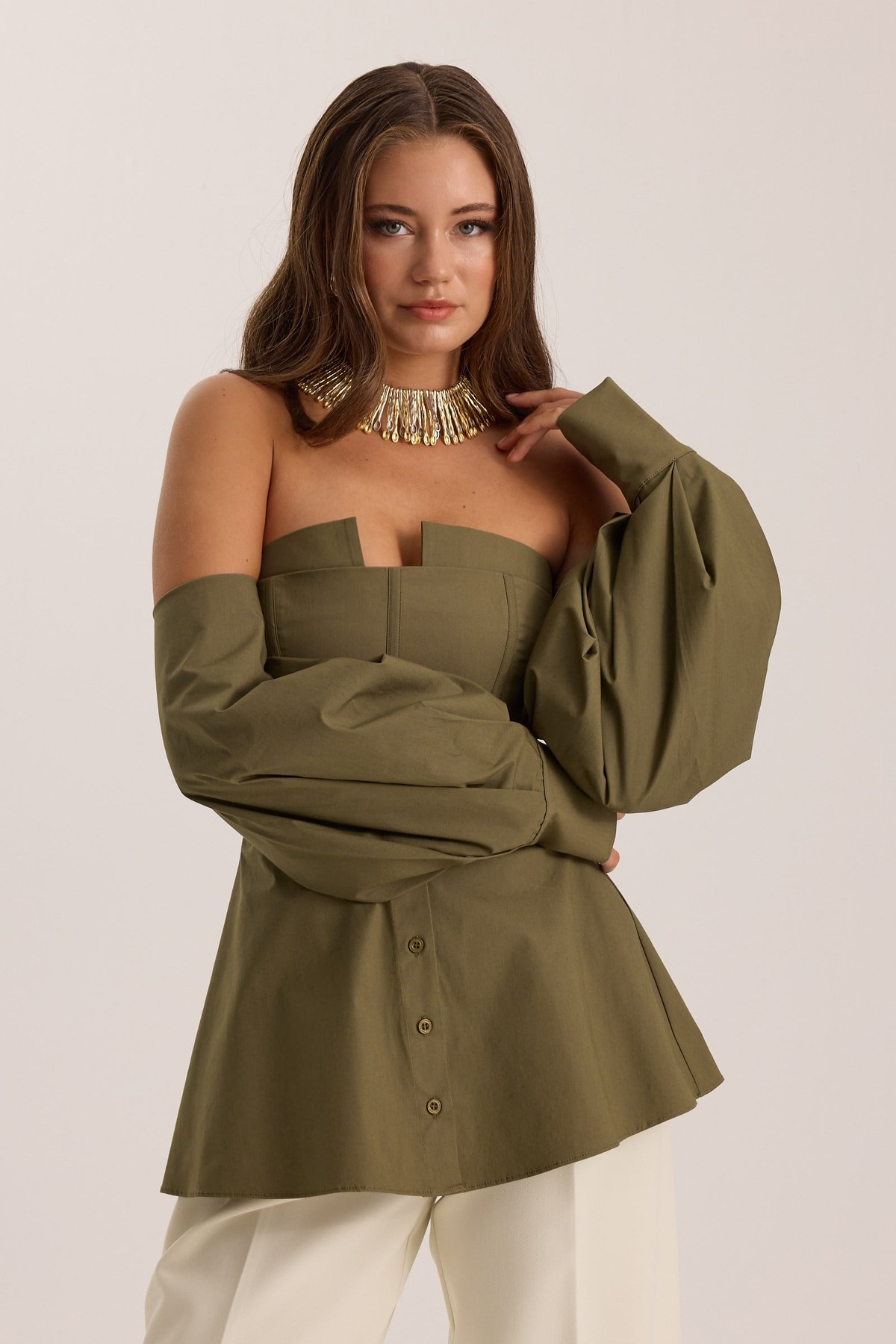Dusk Volume %100 Cotton Corset Shirt Top Khaki