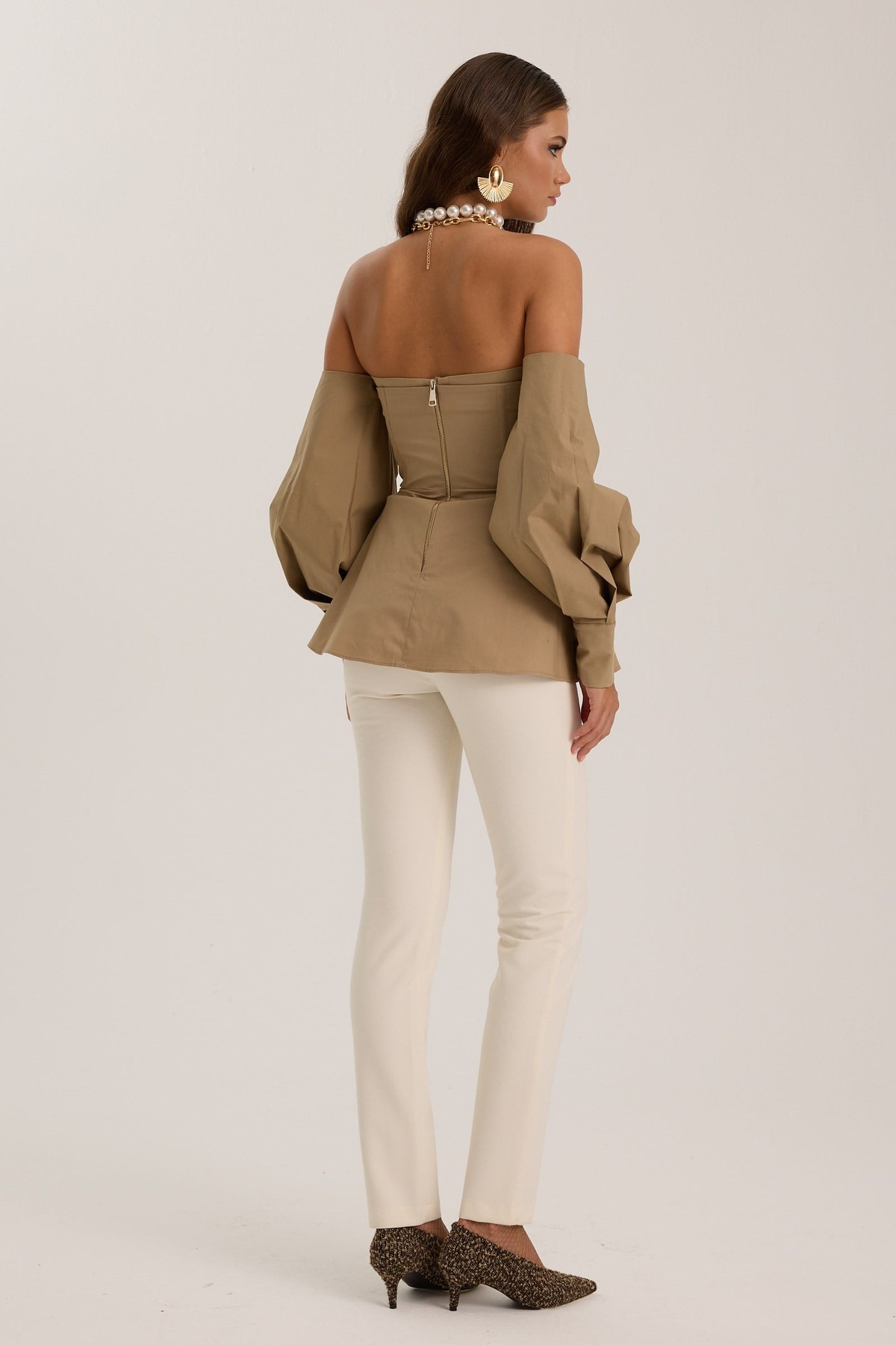 Dusk Volume %100 Cotton Corset Shirt Top Bronze Brown