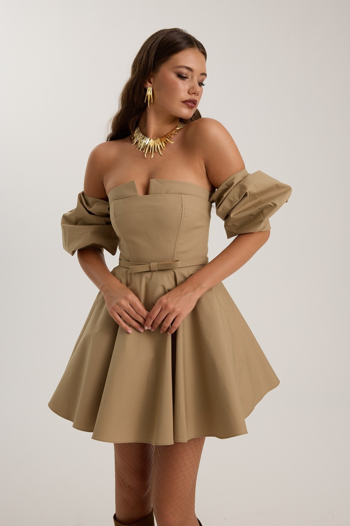 Dusk Volume Mini Dress Bronze Brown