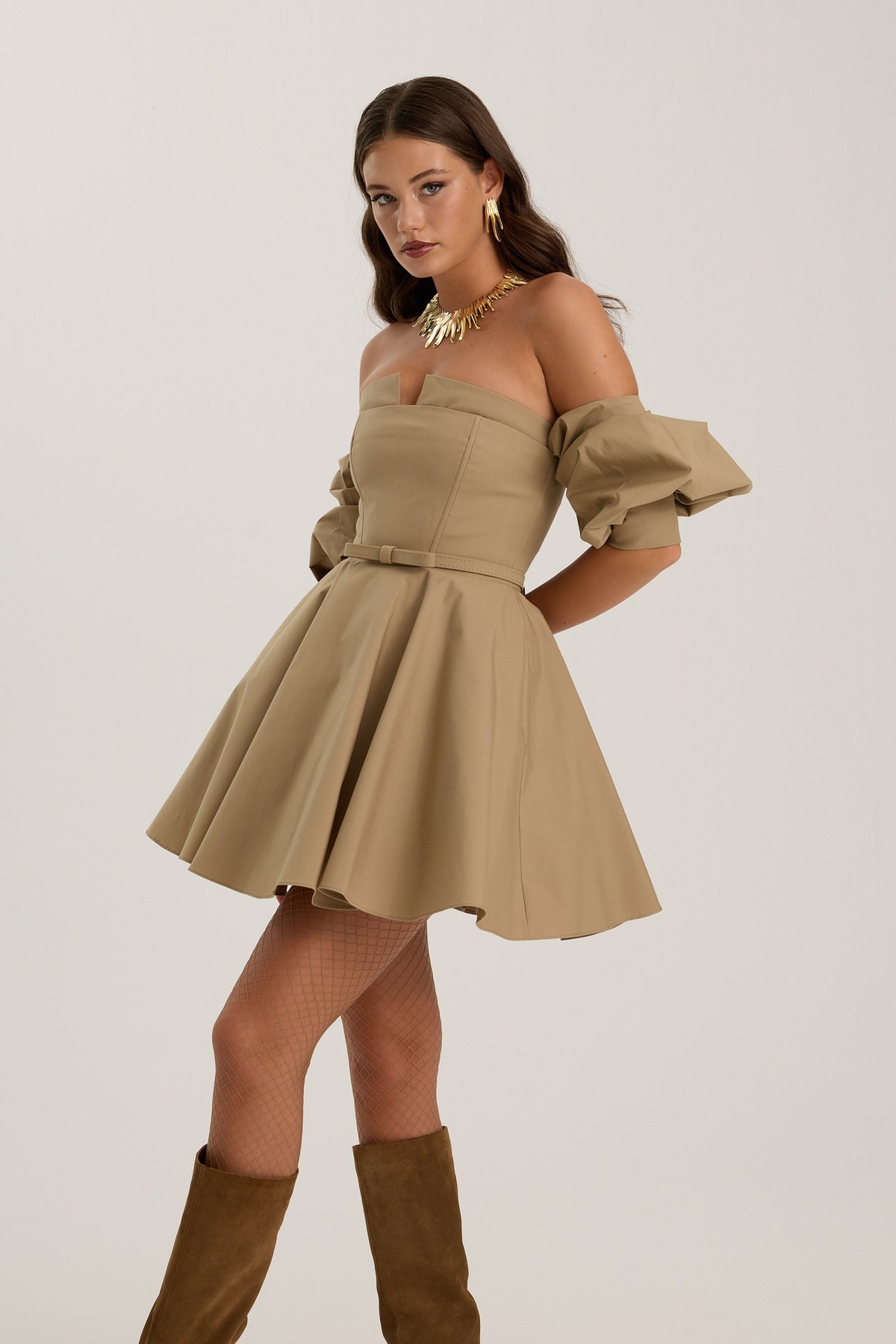Dusk Volume Mini Dress Bronze Brown