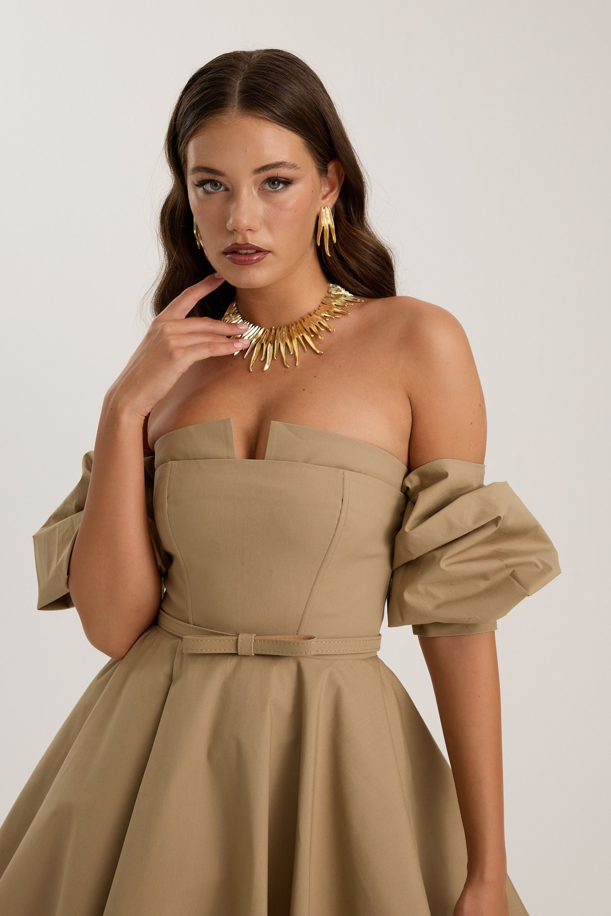 Dusk Volume Mini Dress Bronze Brown