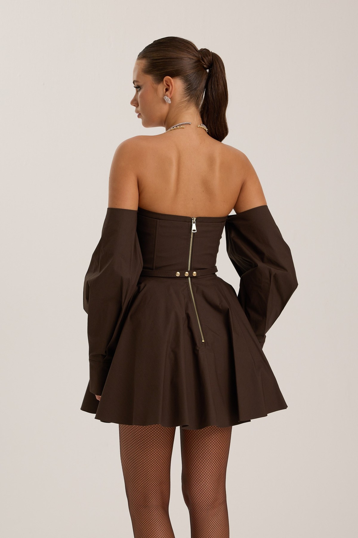 Dusk Volume Mini Dress Brown