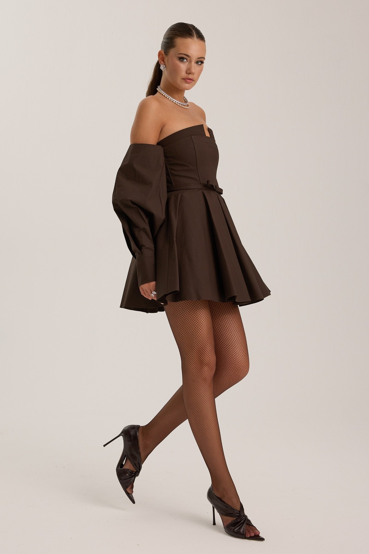 Dusk Volume Mini Dress Brown