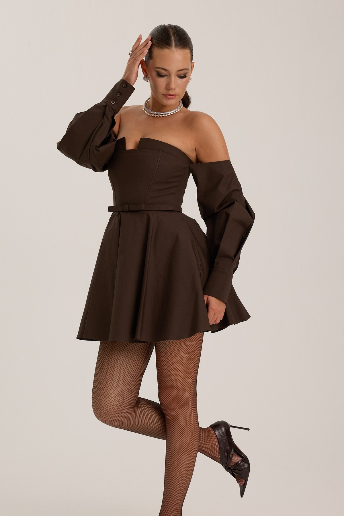 Dusk Volume Mini Dress Brown