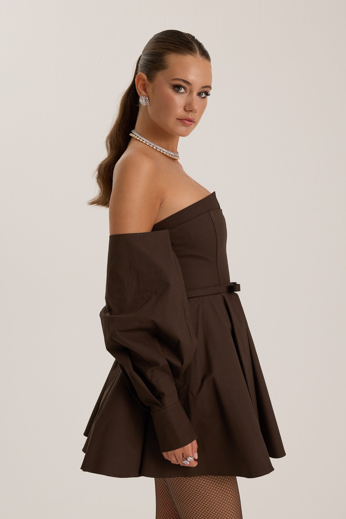 Dusk Volume Mini Dress Brown