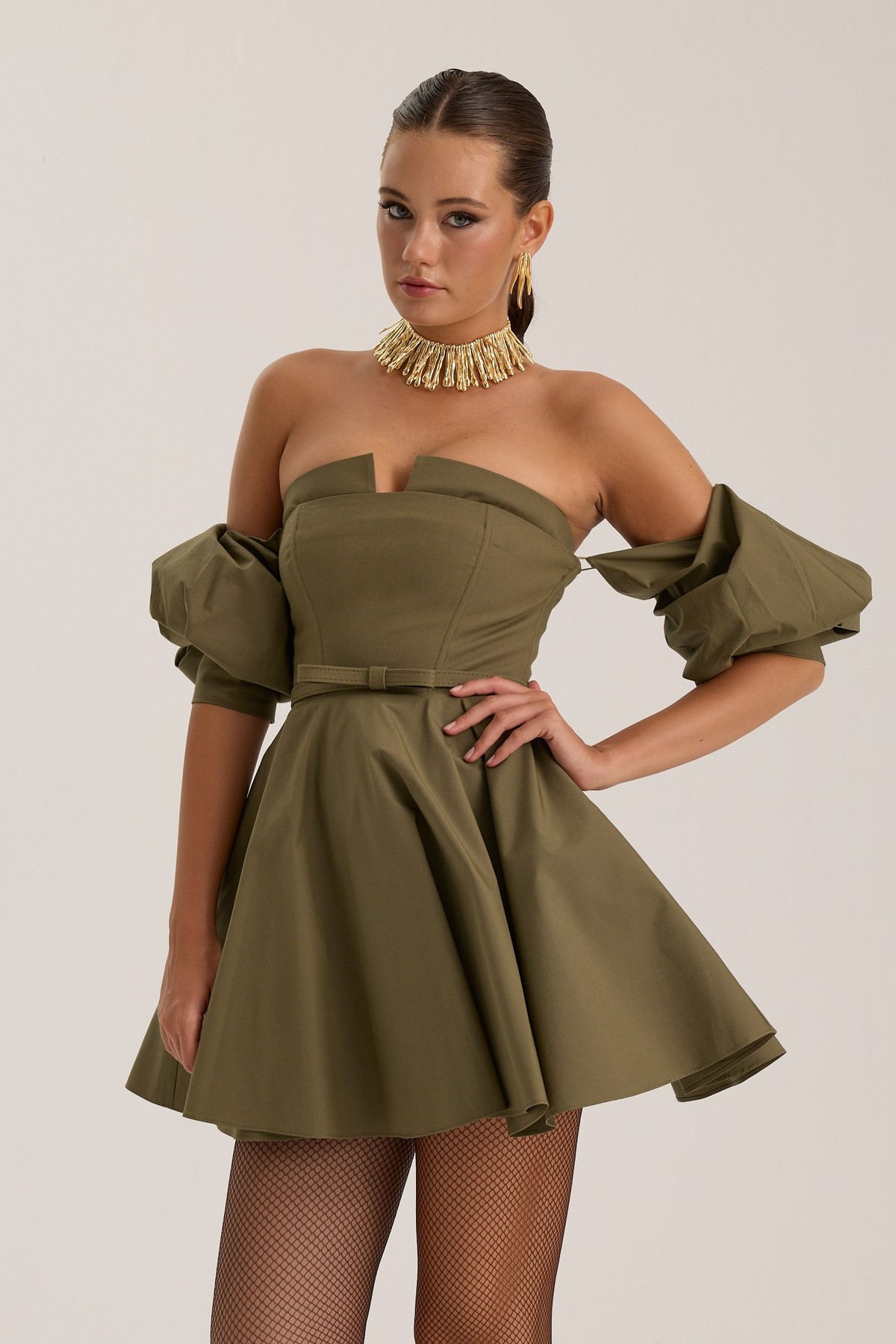 Dusk Volume Mini Dress Khaki