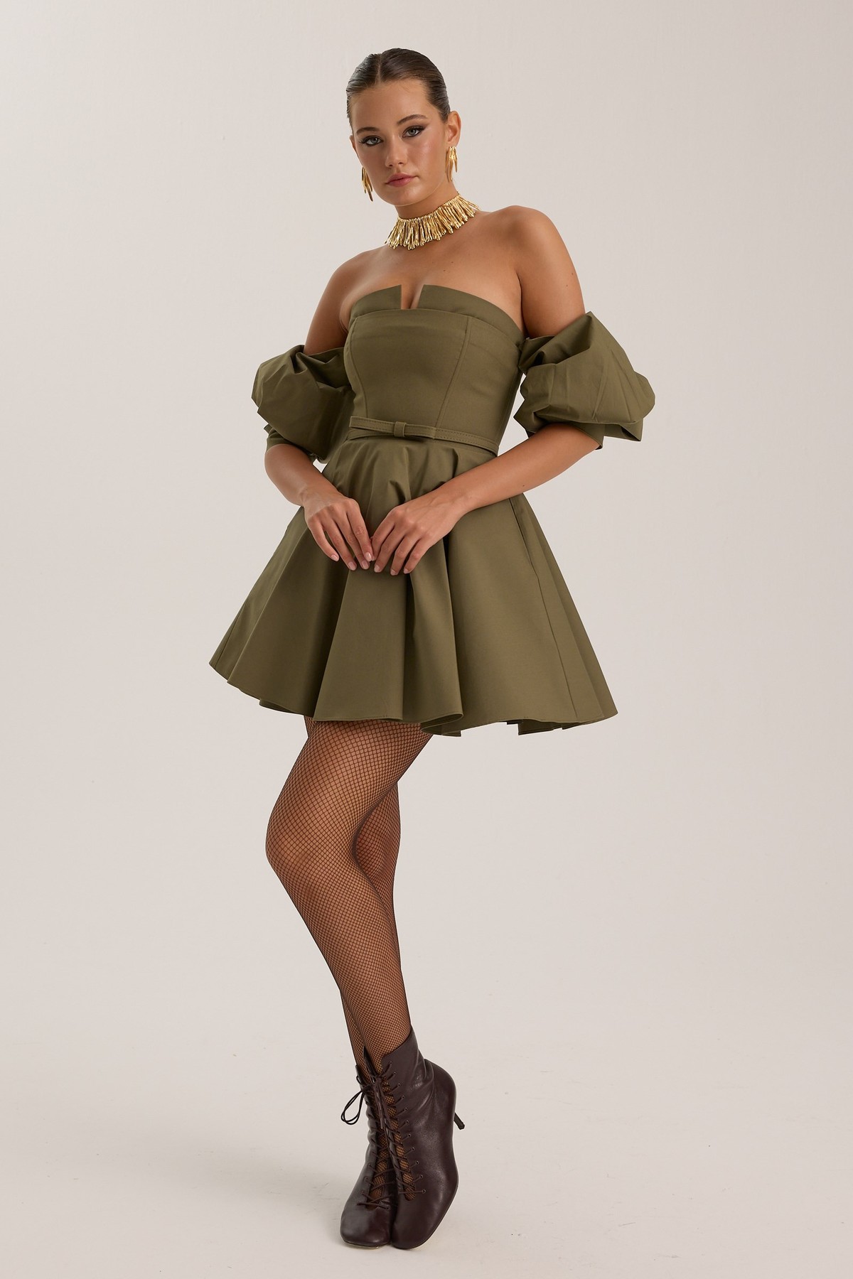 Dusk Volume Mini Dress Khaki