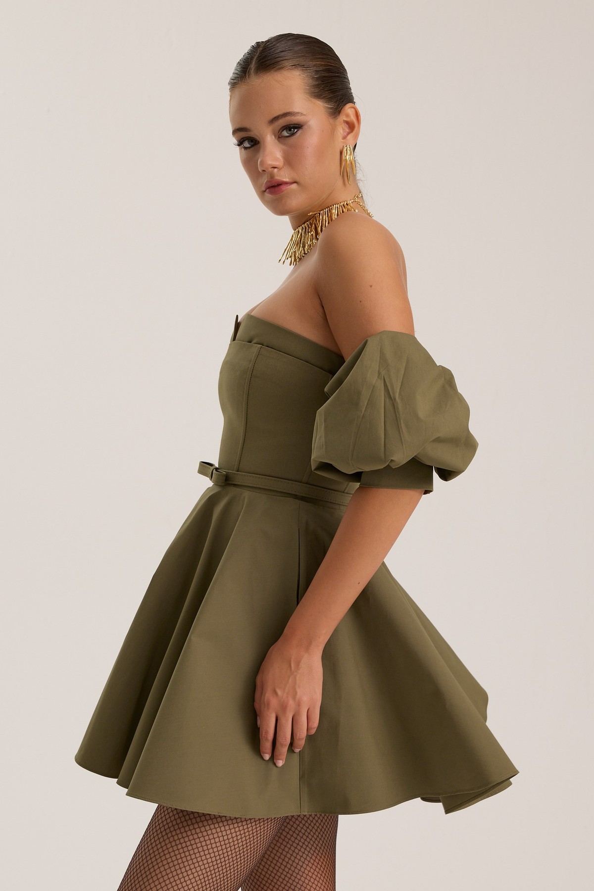 Dusk Volume Mini Dress Khaki