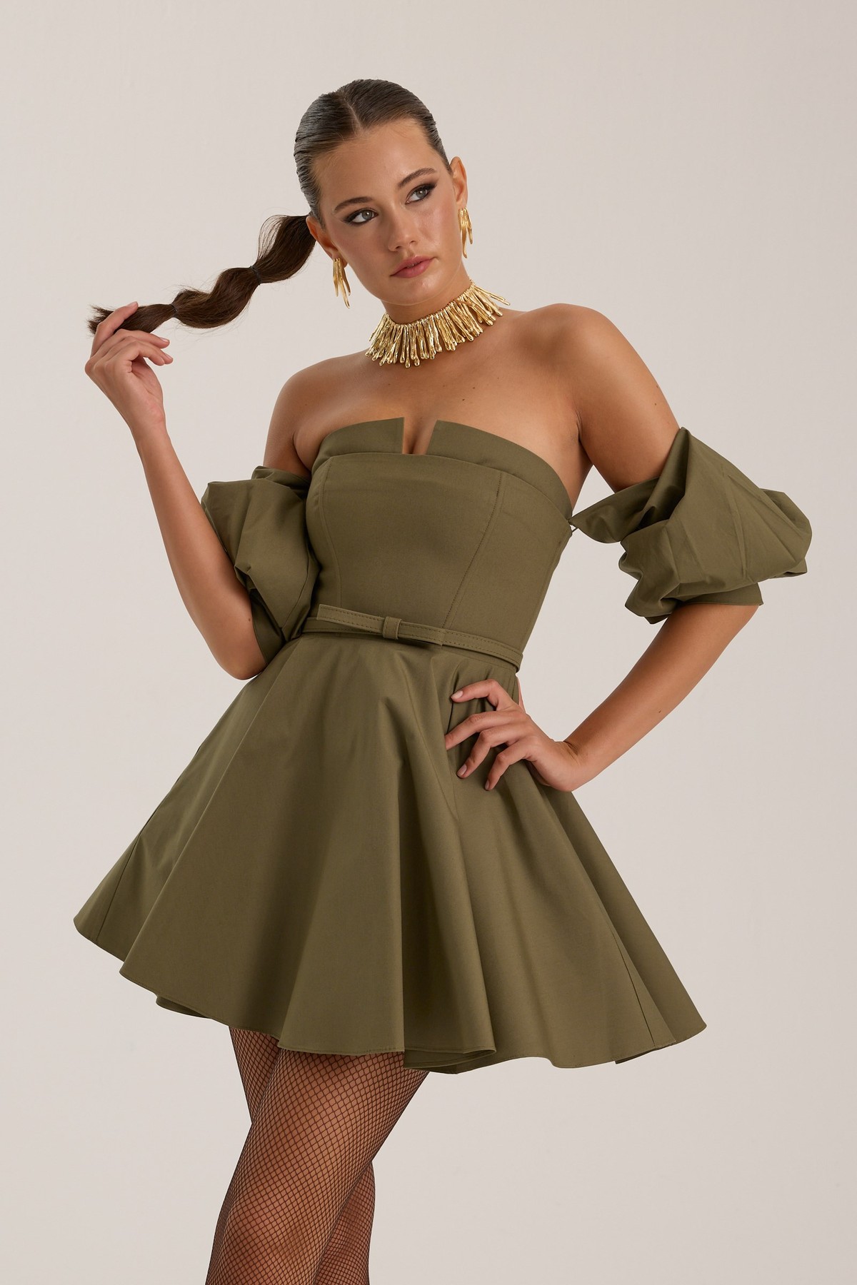 Dusk Volume Mini Dress Khaki