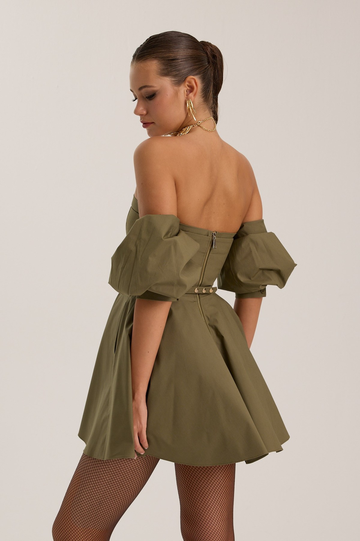 Dusk Volume Mini Dress Khaki
