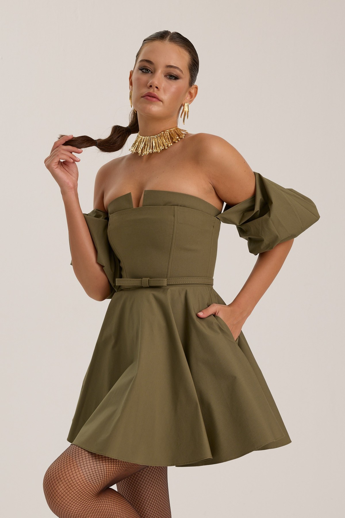 Dusk Volume Mini Dress Khaki