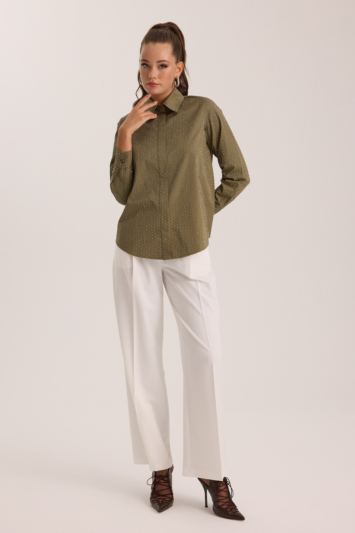 Embellished Basic Shirt Khaki