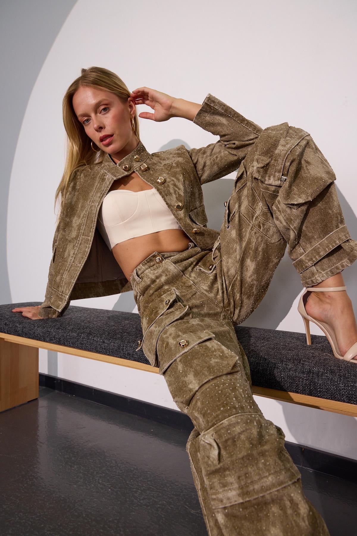 Femme Luxe Diamond  Kargo Pantolon Haki