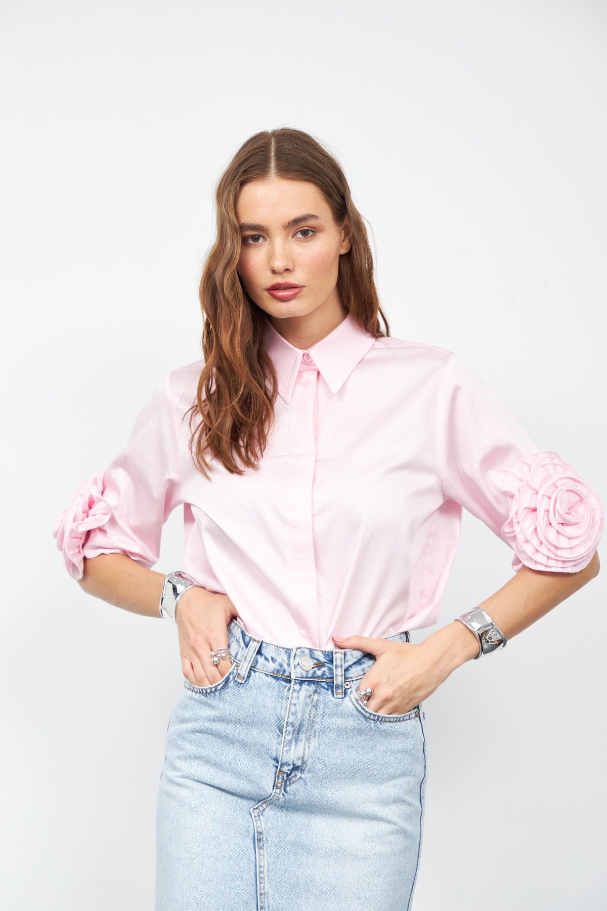 Floral Sleeves %100 Koton Kısa Kollu Gömlek TOZ PEMBE