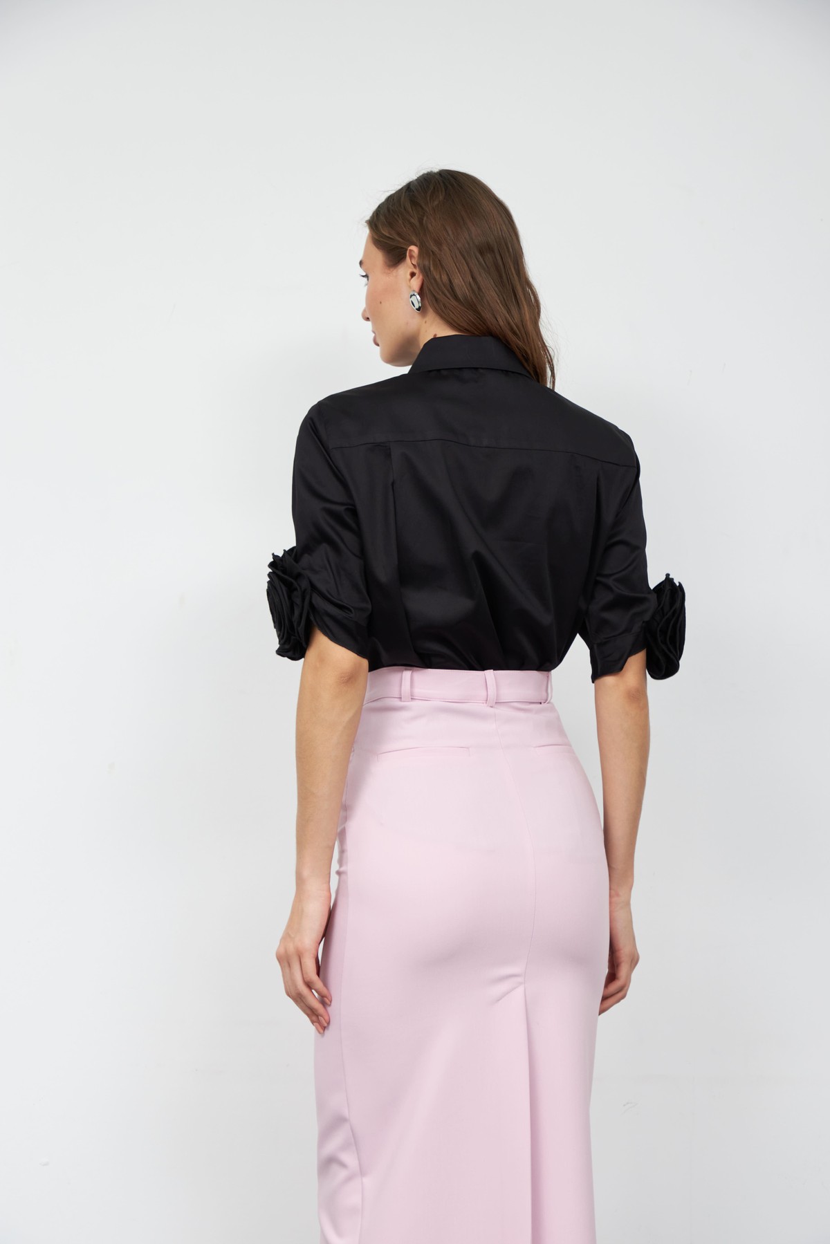 Floral Sleeves %100 Koton Kısa Kollu Gömlek Siyah