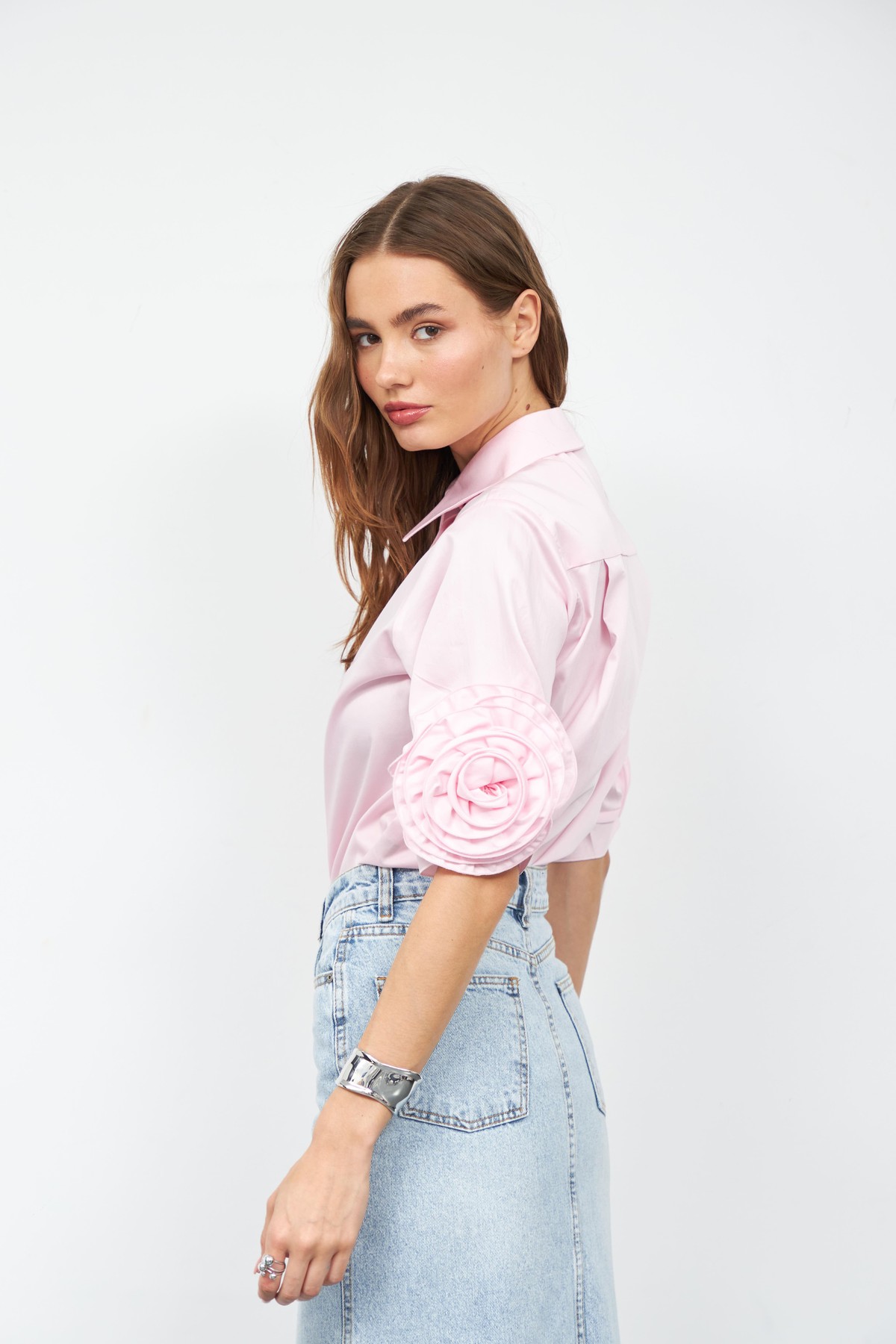 Floral Sleeves %100 Koton Kısa Kollu Gömlek TOZ PEMBE