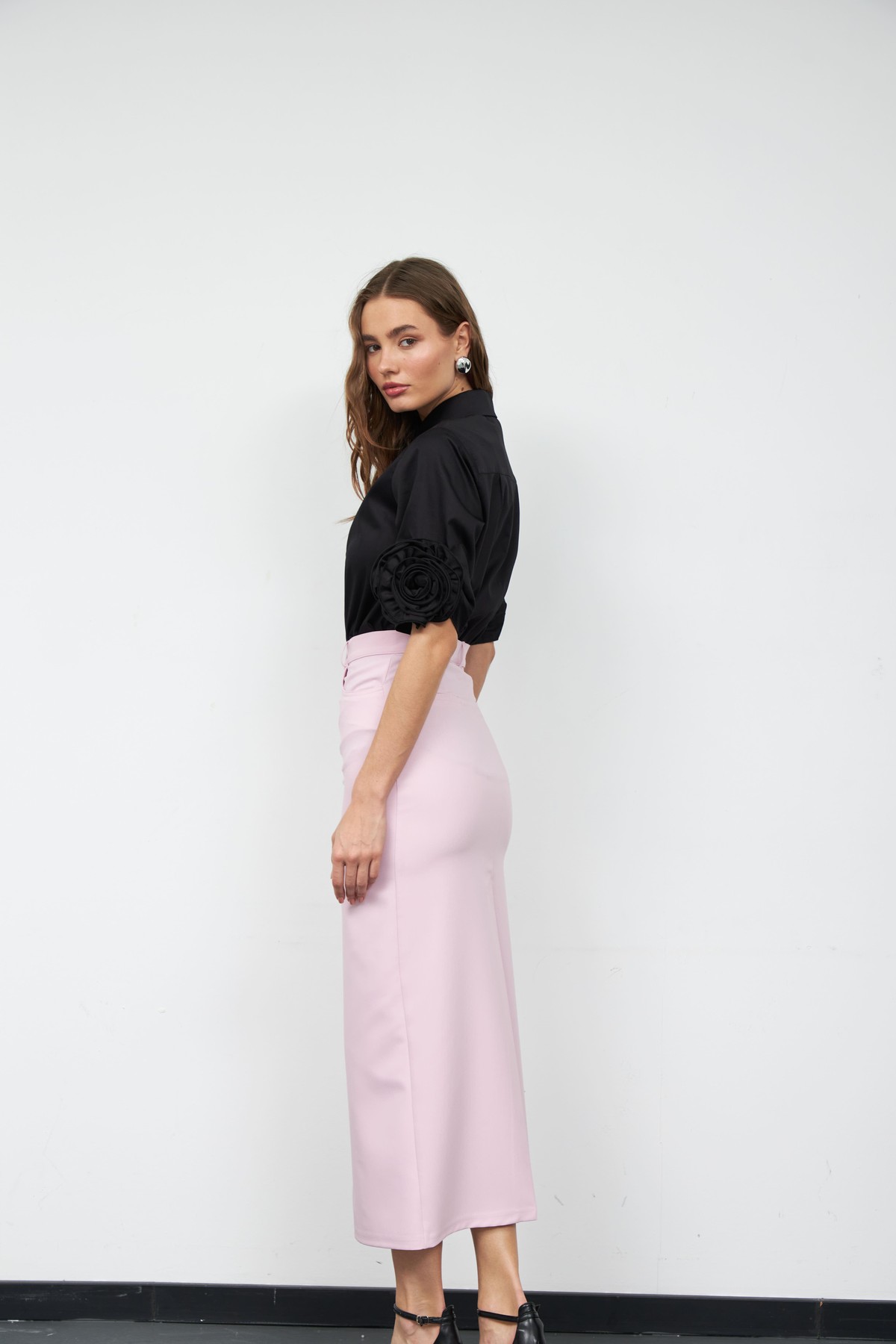 Floral Sleeves %100 Koton Kısa Kollu Gömlek Siyah