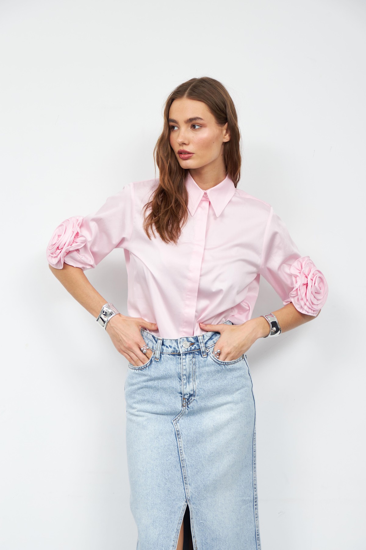 Floral Sleeves %100 Koton Kısa Kollu Gömlek TOZ PEMBE