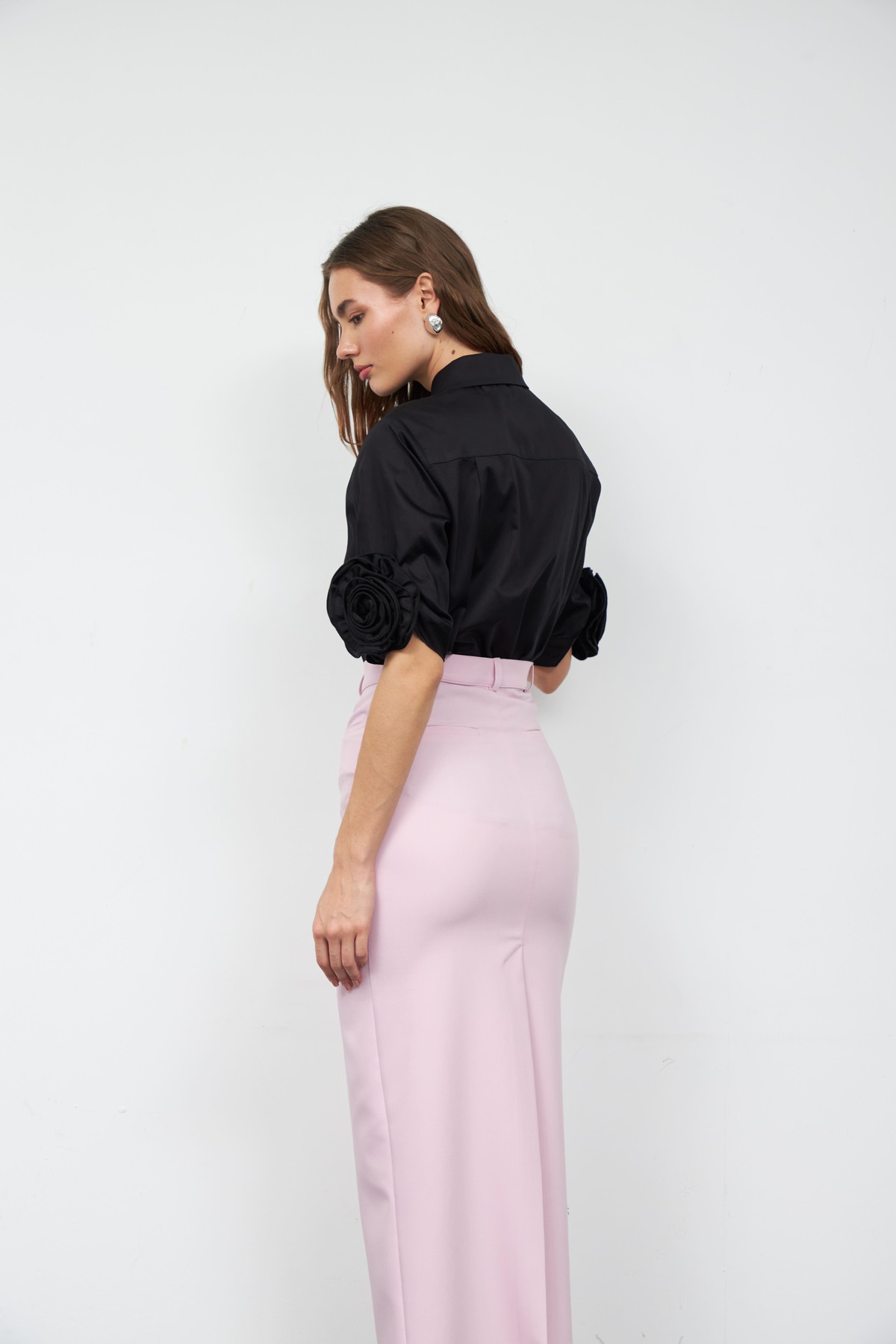 Floral Sleeves %100 Koton Kısa Kollu Gömlek Siyah