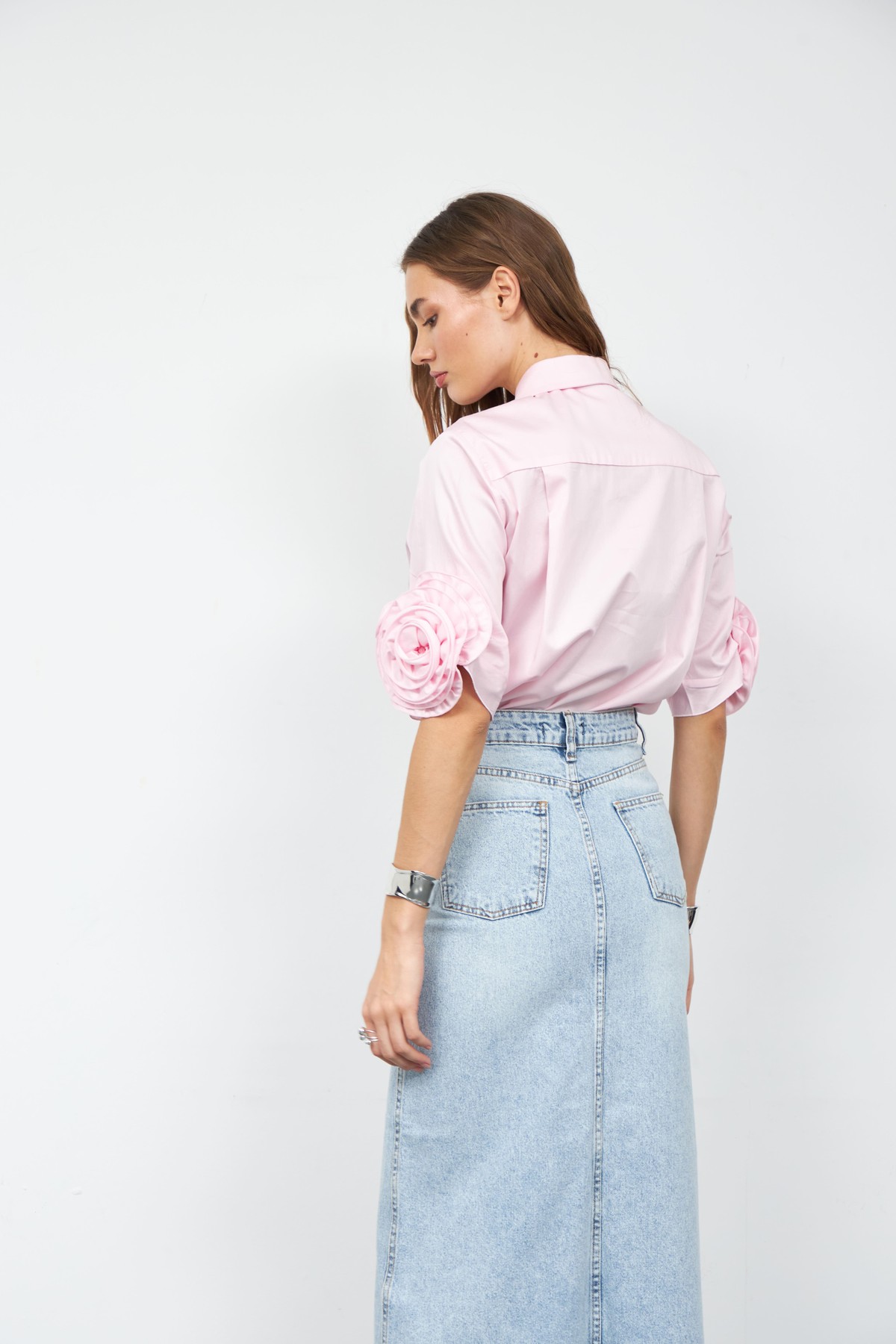 Floral Sleeves %100 Koton Kısa Kollu Gömlek TOZ PEMBE