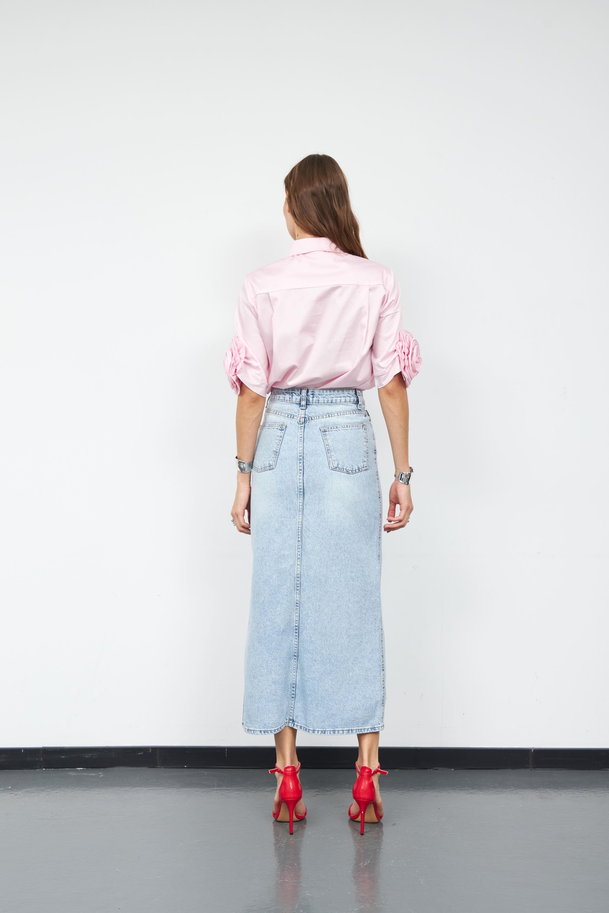 Floral Sleeves %100 Koton Kısa Kollu Gömlek TOZ PEMBE