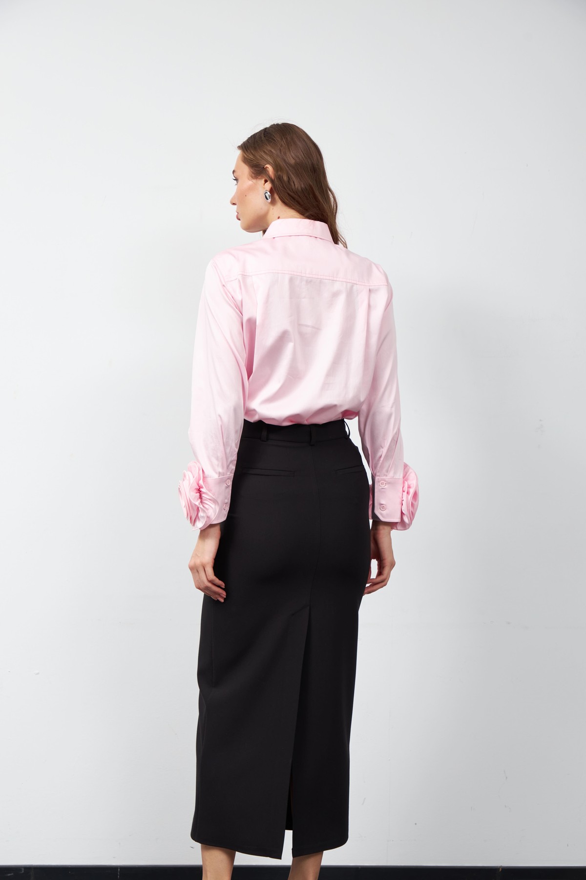 Floral Sleeves %100 Koton Uzun Kollu Gömlek TOZ PEMBE