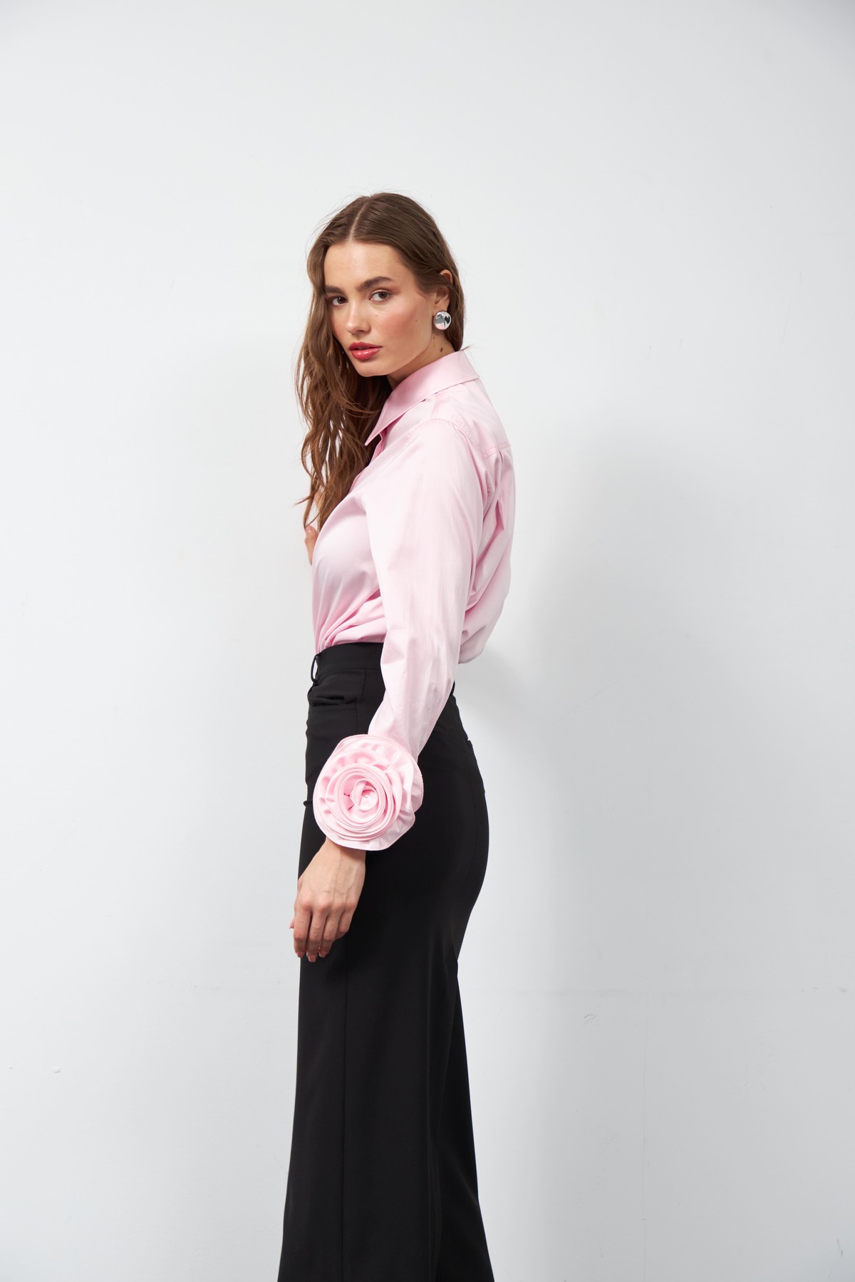 Floral Sleeves %100 Koton Uzun Kollu Gömlek TOZ PEMBE
