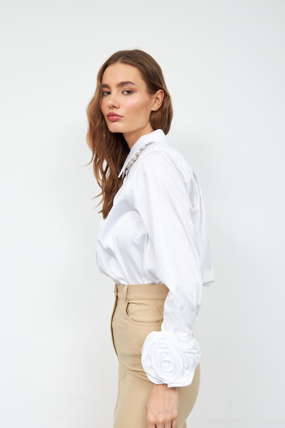 Floral Sleeves %100 Koton Uzun Kollu Gömlek Beyaz