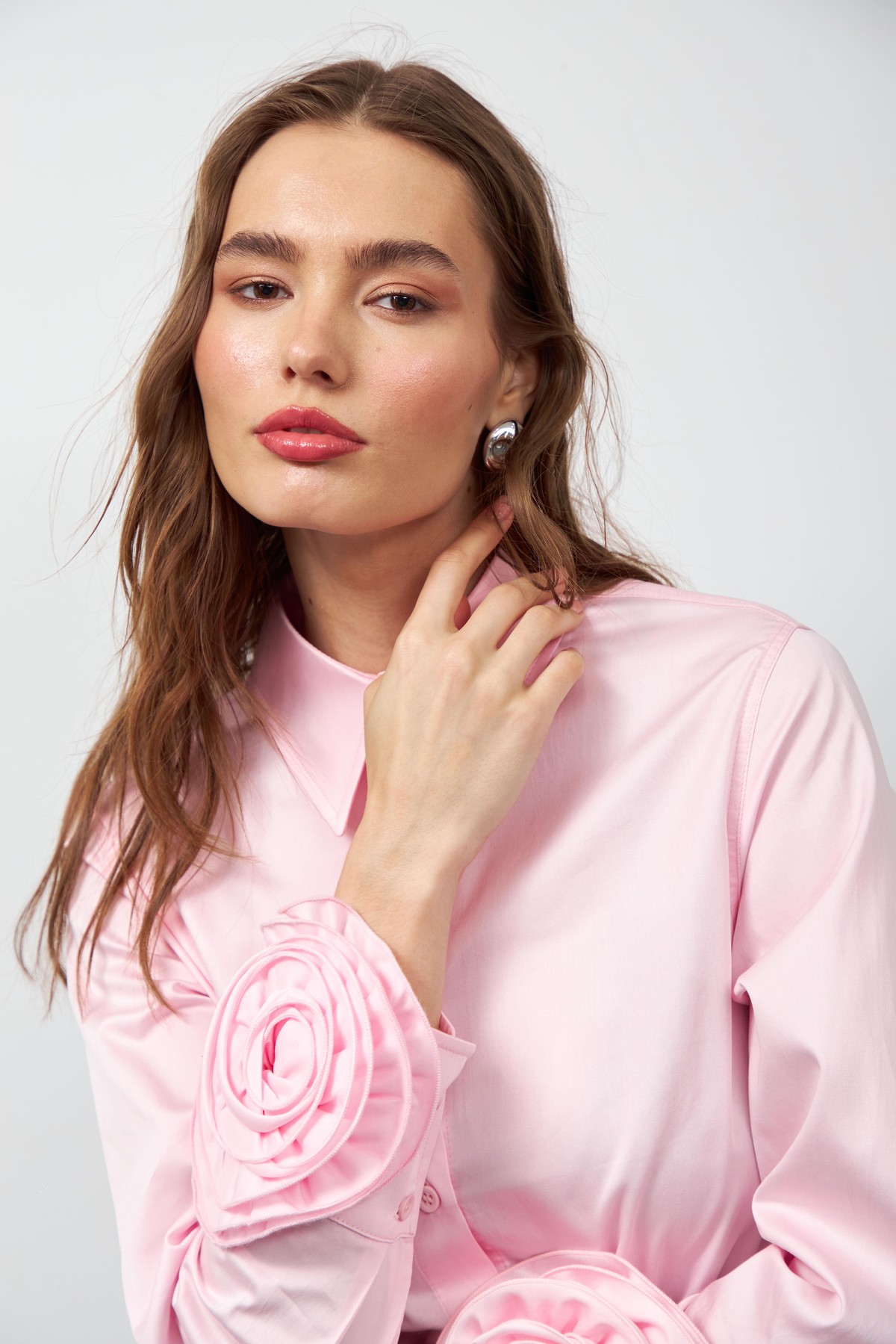 Floral Sleeves %100 Koton Uzun Kollu Gömlek TOZ PEMBE