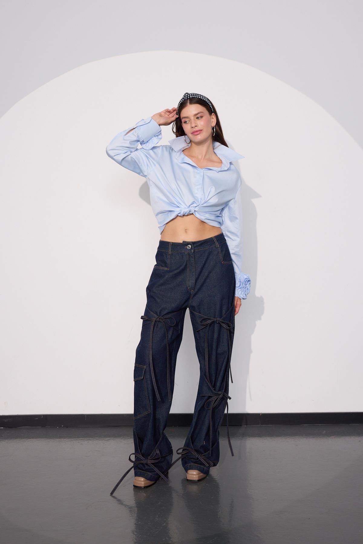 Floral Sleeves %100 Koton Uzun Kollu Gömlek AÇIK MAVİ