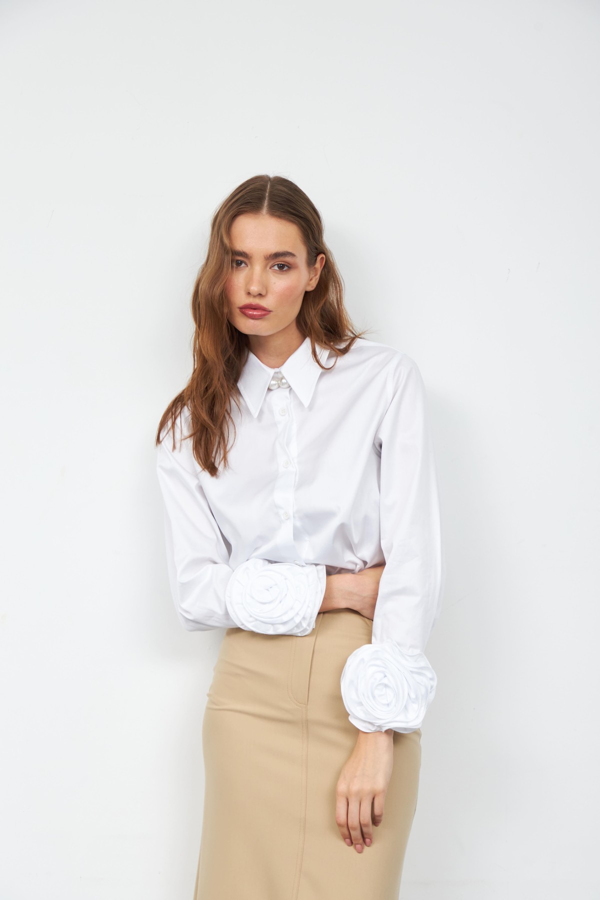 Floral Sleeves %100 Koton Uzun Kollu Gömlek Beyaz
