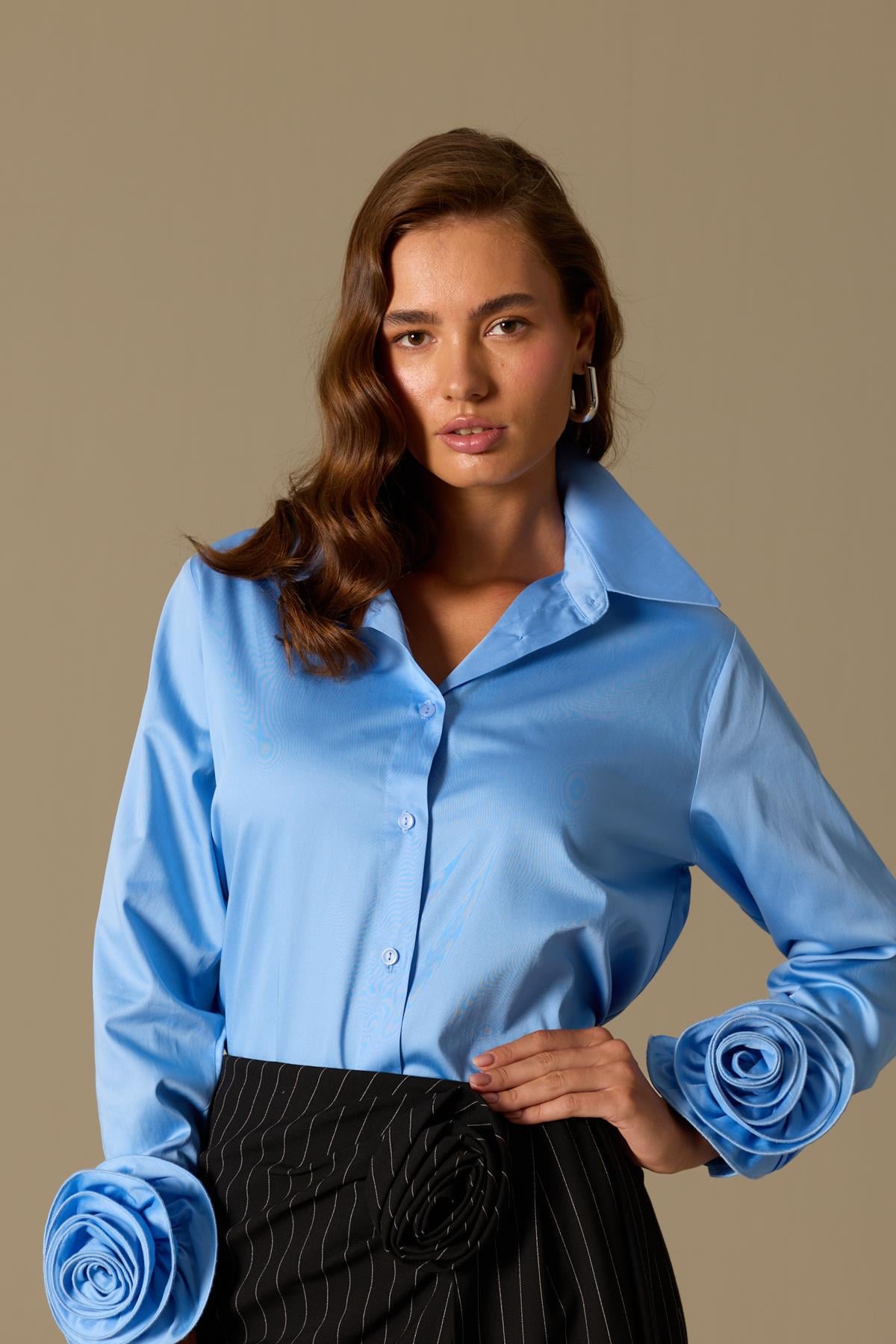 Floral Sleeves %100 Koton Uzun Kollu Gömlek Koyu Mavi