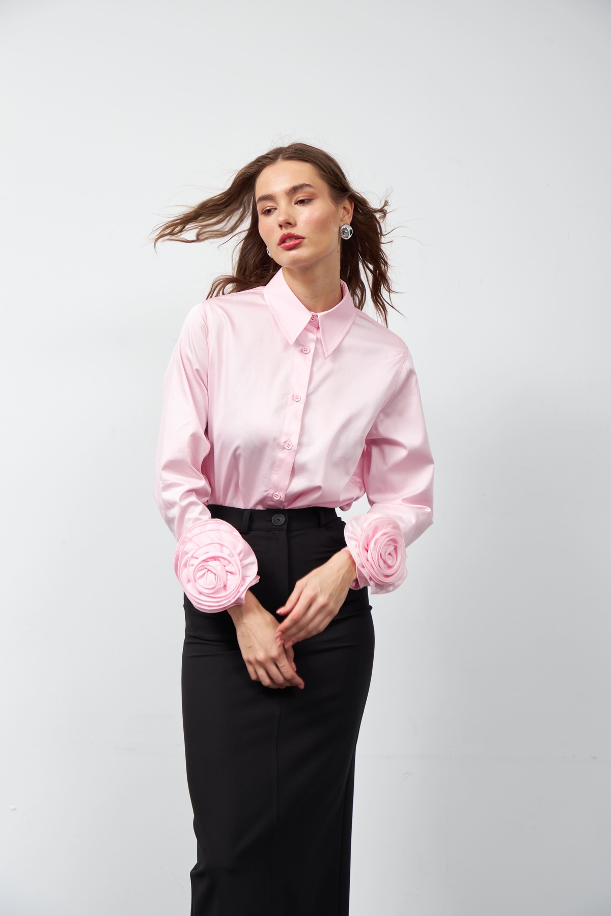 Floral Sleeves %100 Koton Uzun Kollu Gömlek TOZ PEMBE