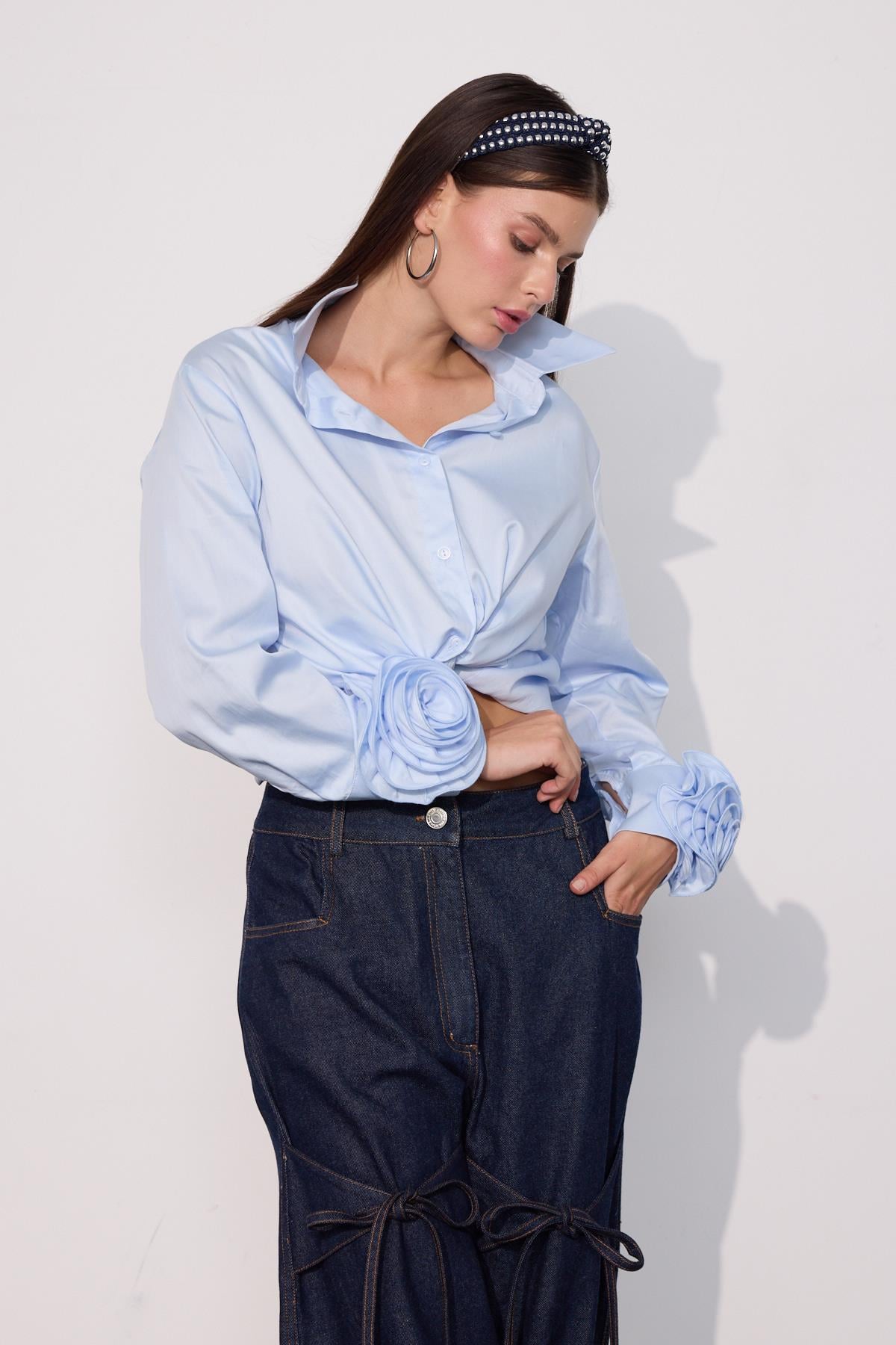 Floral Sleeves %100 Koton Uzun Kollu Gömlek AÇIK MAVİ