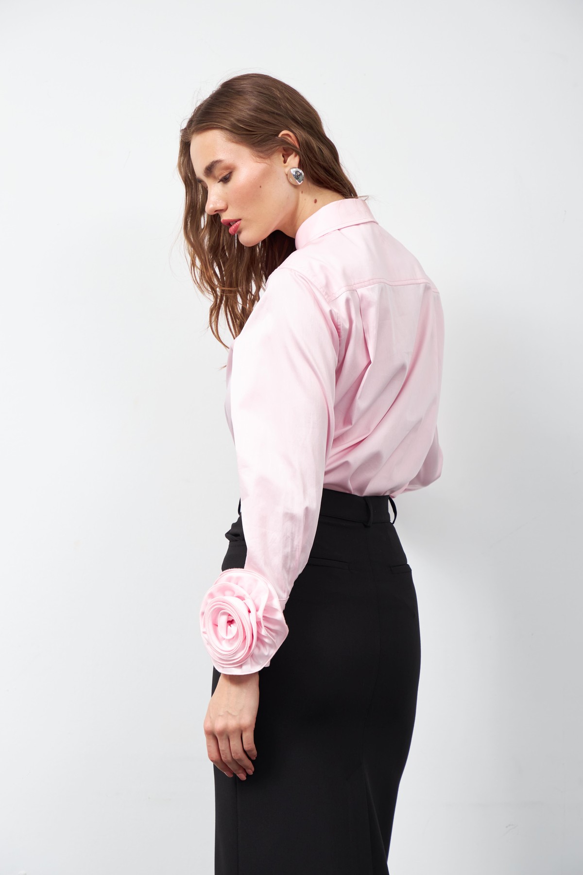 Floral Sleeves %100 Koton Uzun Kollu Gömlek TOZ PEMBE