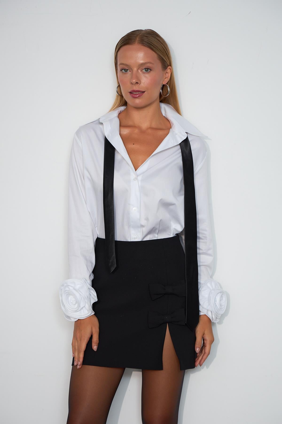 Floral Sleeves %100 Koton Uzun Kollu Gömlek Beyaz