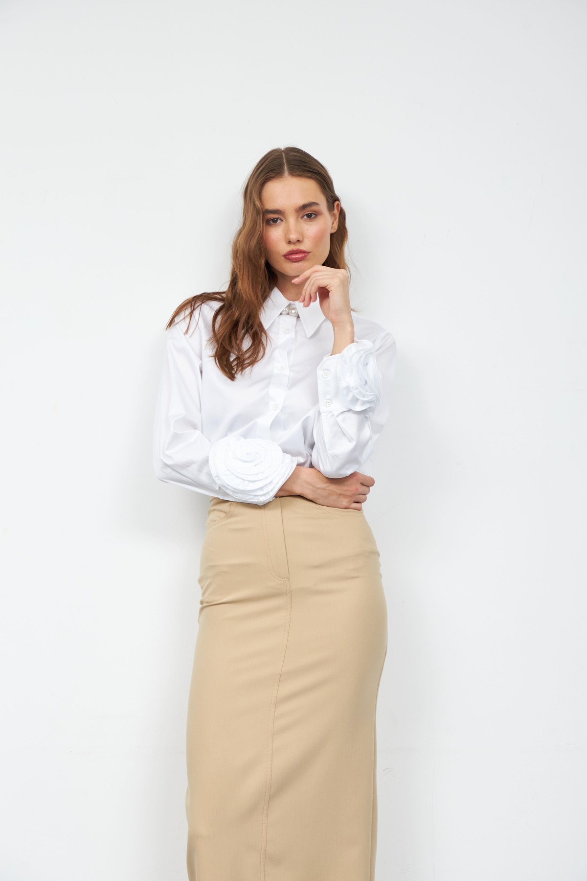 Floral Sleeves %100 Koton Uzun Kollu Gömlek Beyaz