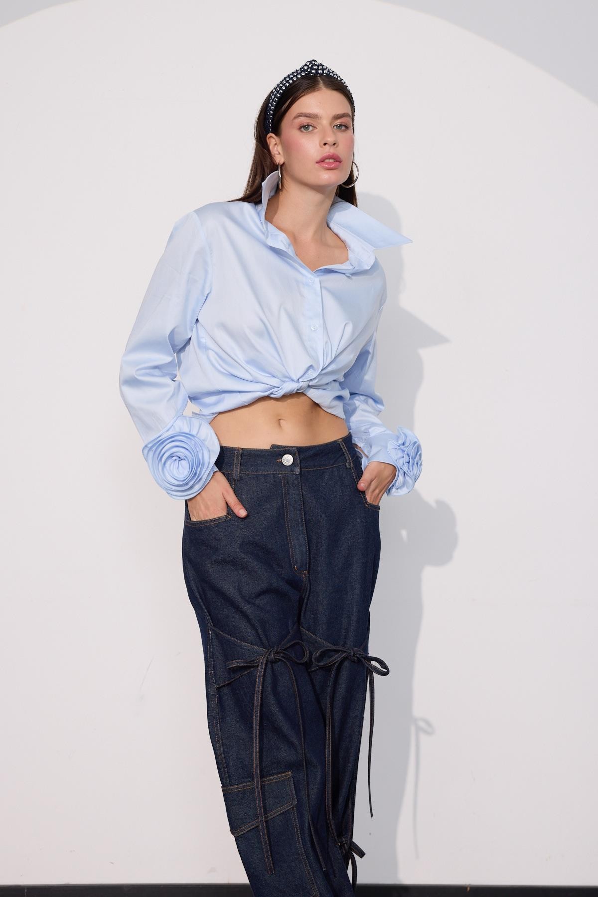 Floral Sleeves %100 Koton Uzun Kollu Gömlek AÇIK MAVİ