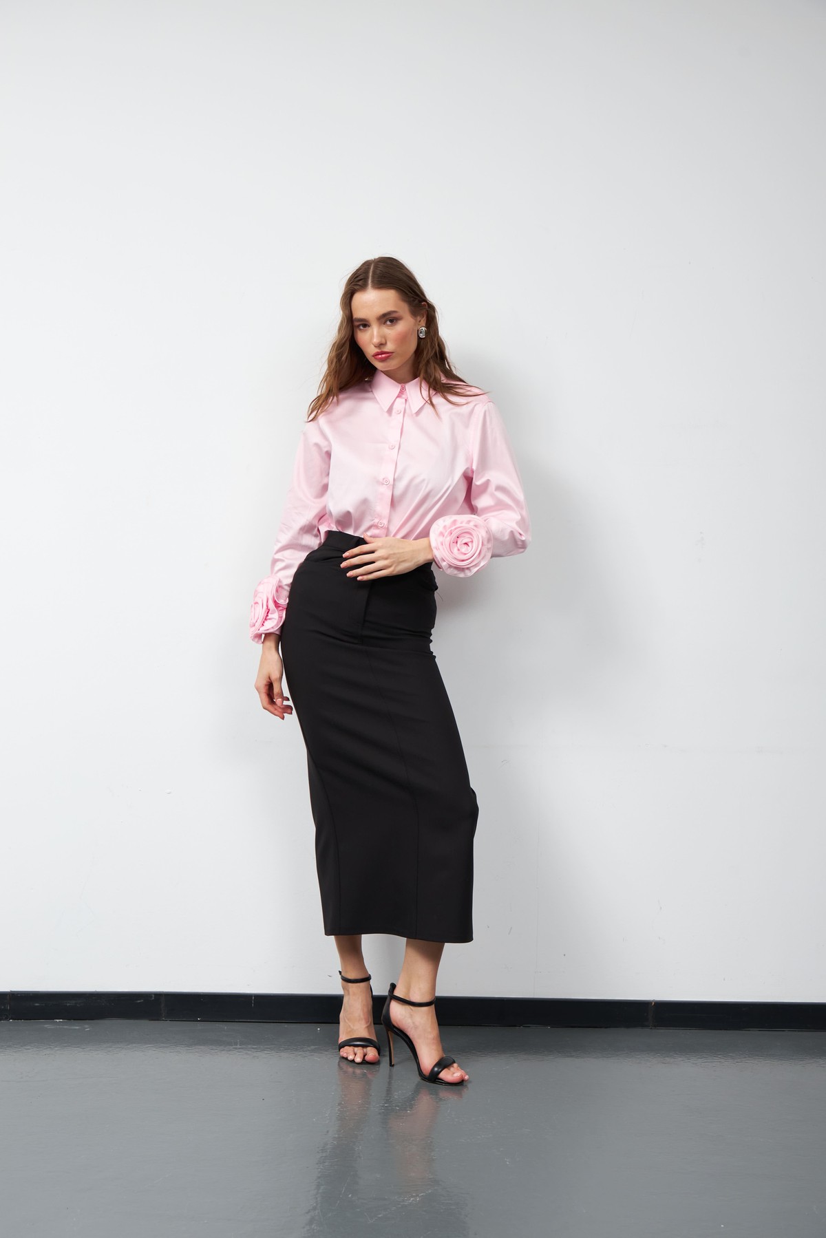 Floral Sleeves %100 Koton Uzun Kollu Gömlek TOZ PEMBE