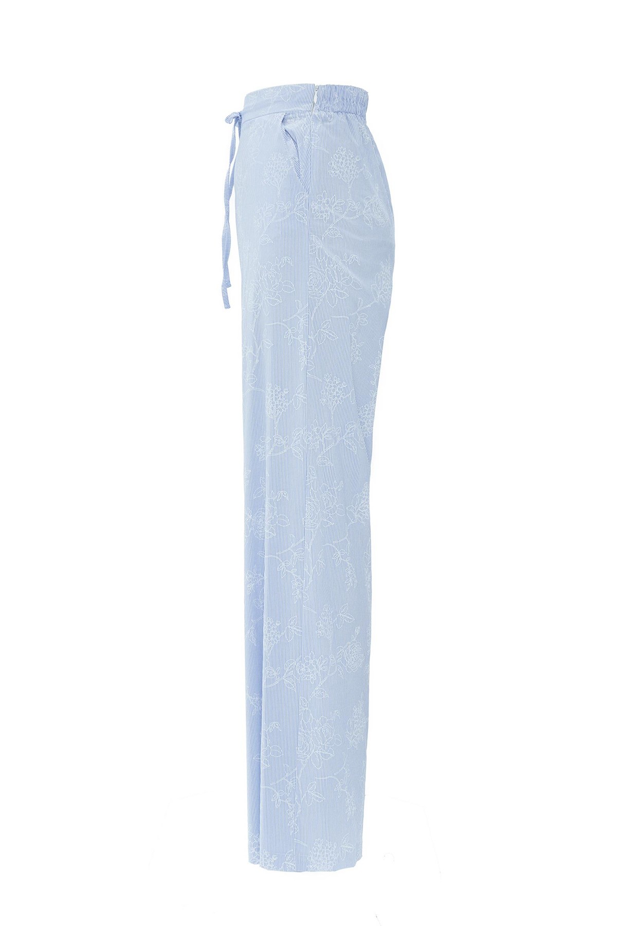 Floral Striped 100% Koton Çizgili Çiçek Desenli Bol Paça Pantolon Mavi