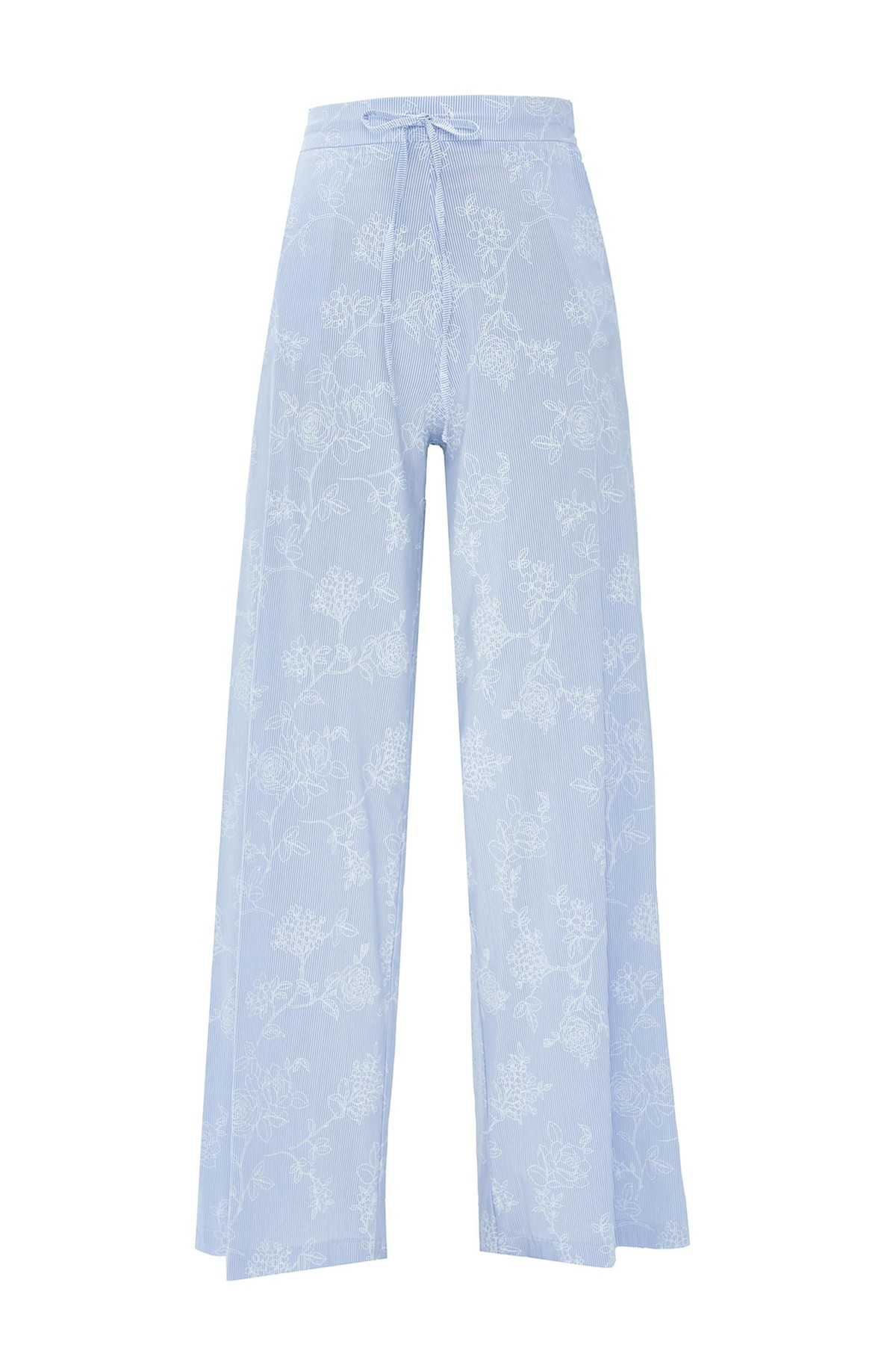 Floral Striped 100% Koton Çizgili Çiçek Desenli Bol Paça Pantolon Mavi