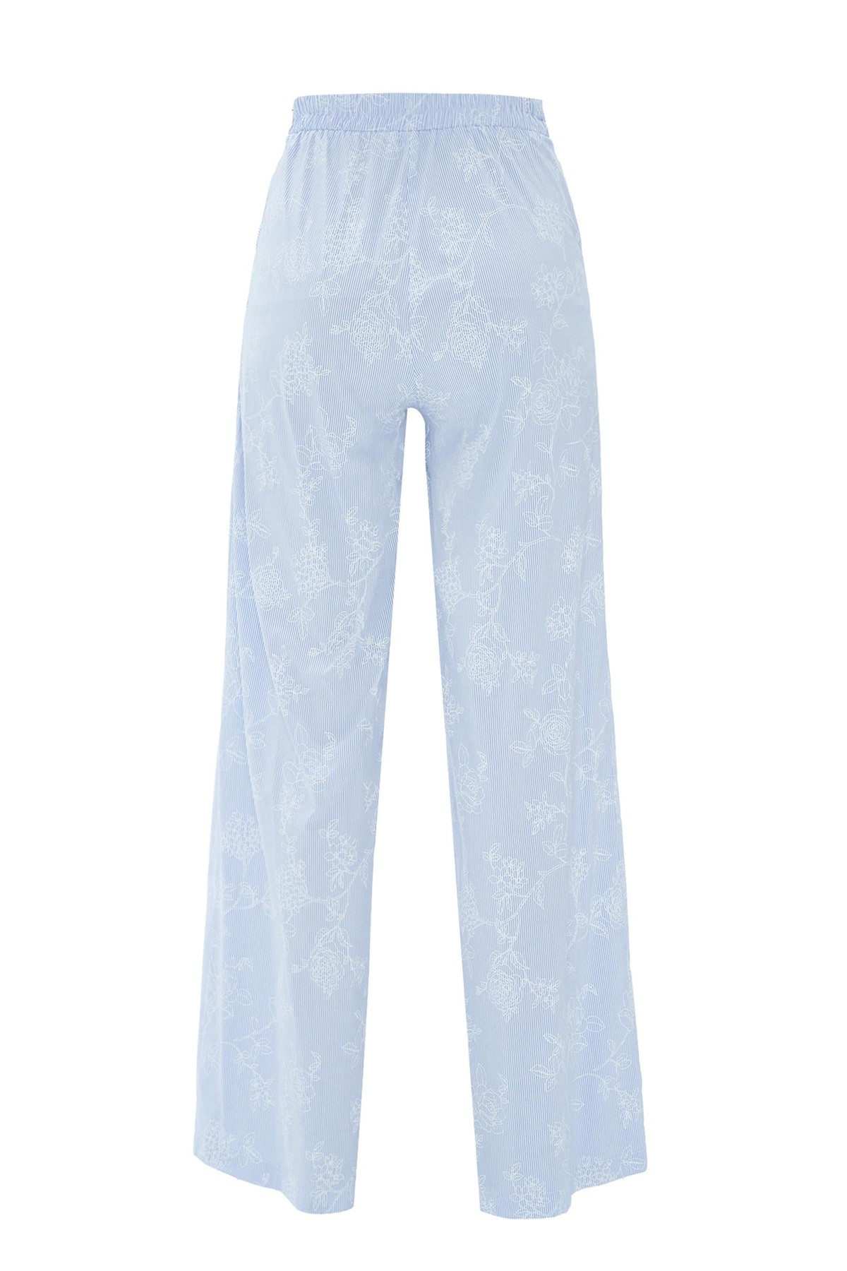 Floral Striped 100% Koton Çizgili Çiçek Desenli Bol Paça Pantolon Mavi