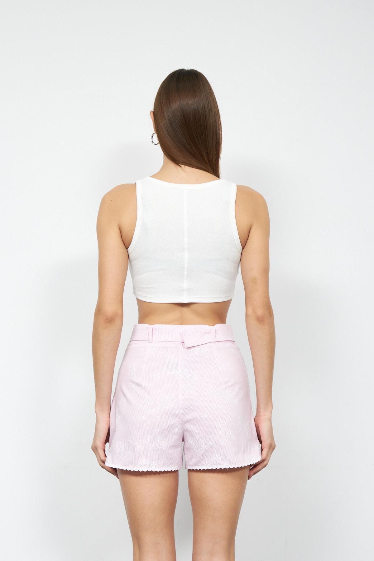Genny Fitilli Askılı Basic Crop Bluz Beyaz