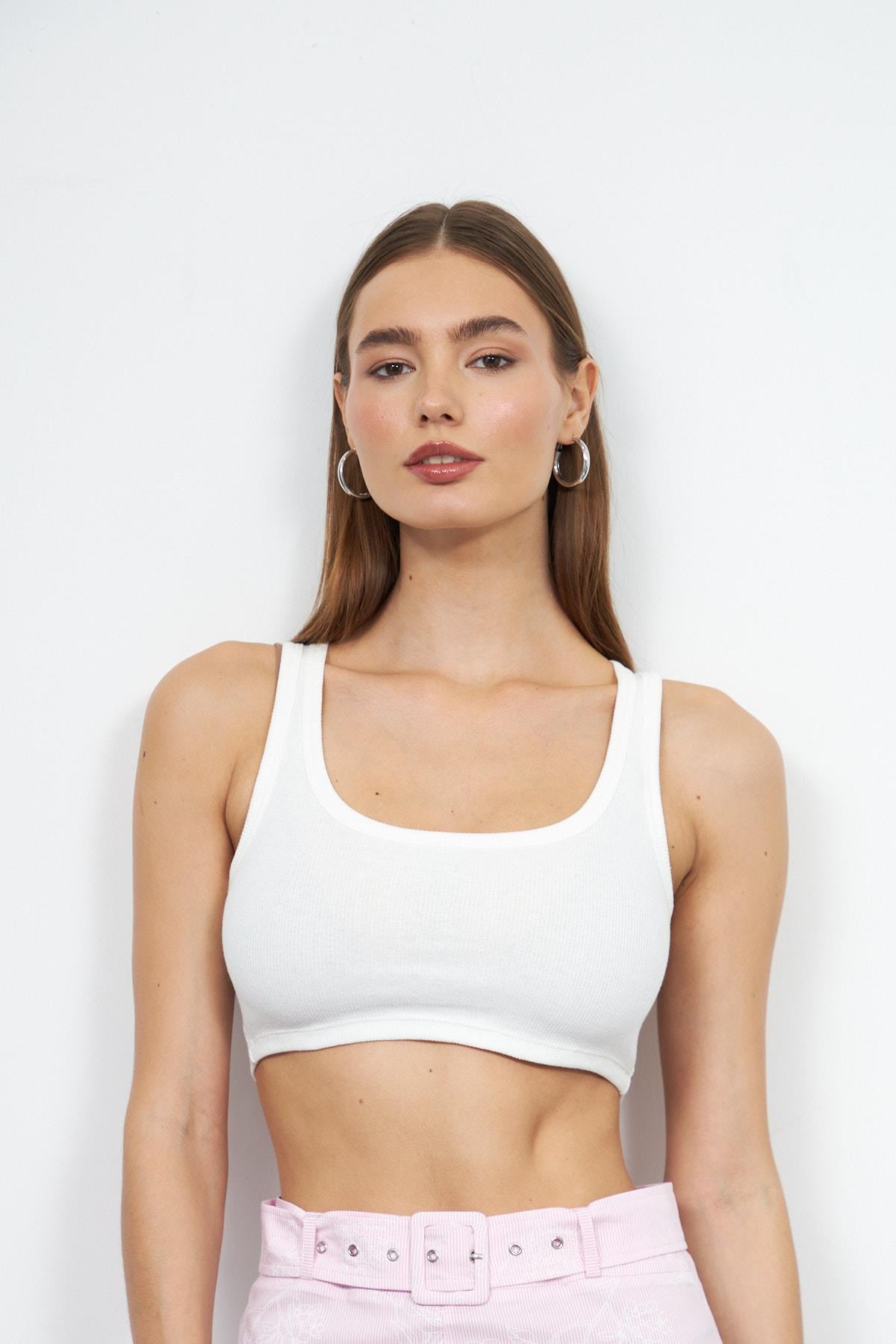 Genny Fitilli Askılı Basic Crop Bluz Beyaz