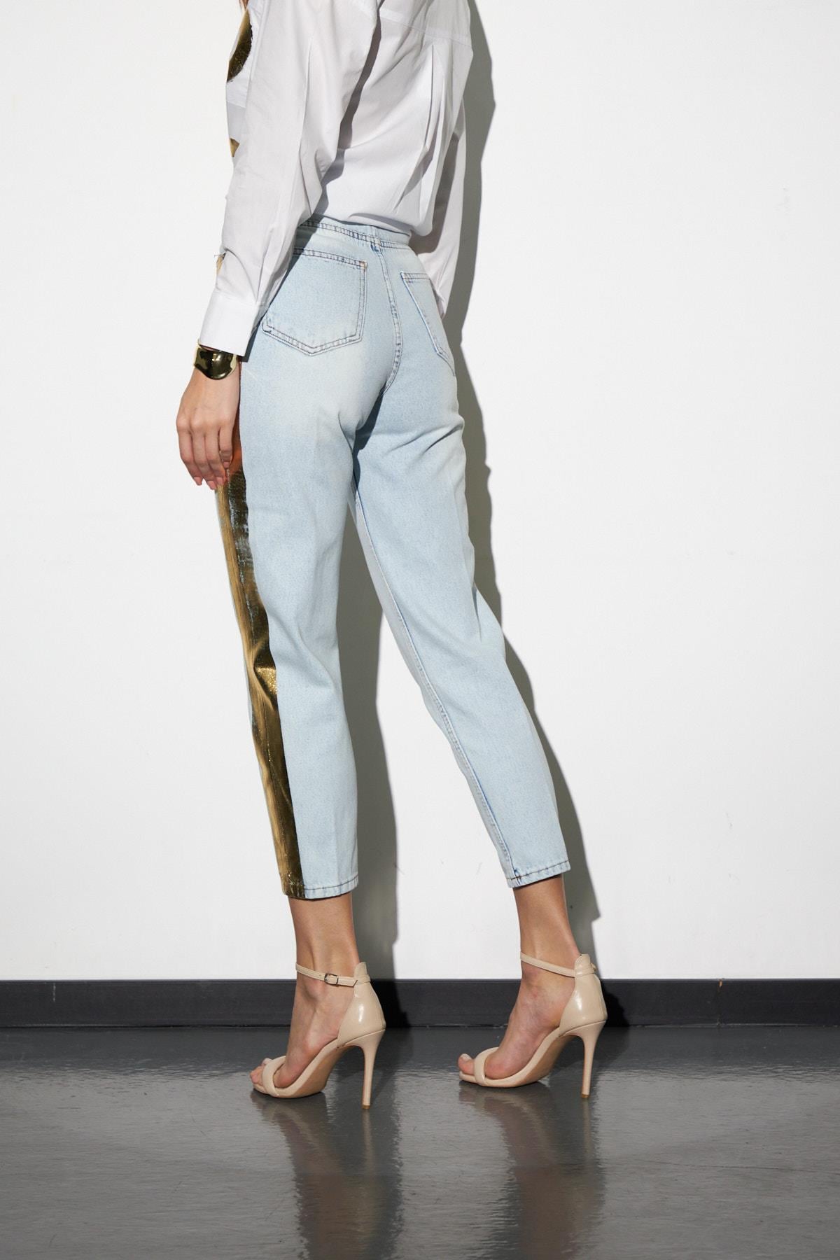 Gold Foil Star Mom Fit Denim Pantolon Gold